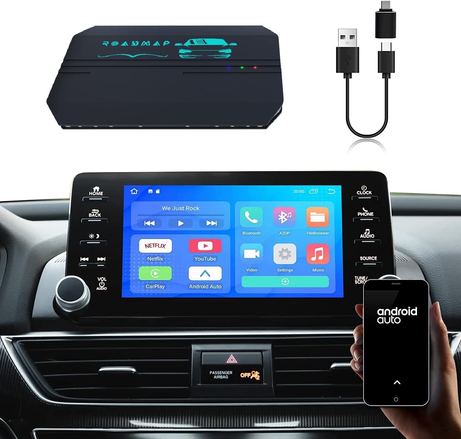 RoadMap Upgraded Carplay AI Box - 4 in 1- Android 13, Wireless carplay/Android Auto, 8+128GB, Headphone Jack, Cars with OEM Wired CarPlay, YouTube, Netflix for Nissan Ford Mercedes Mazda Kia, 600+Cars