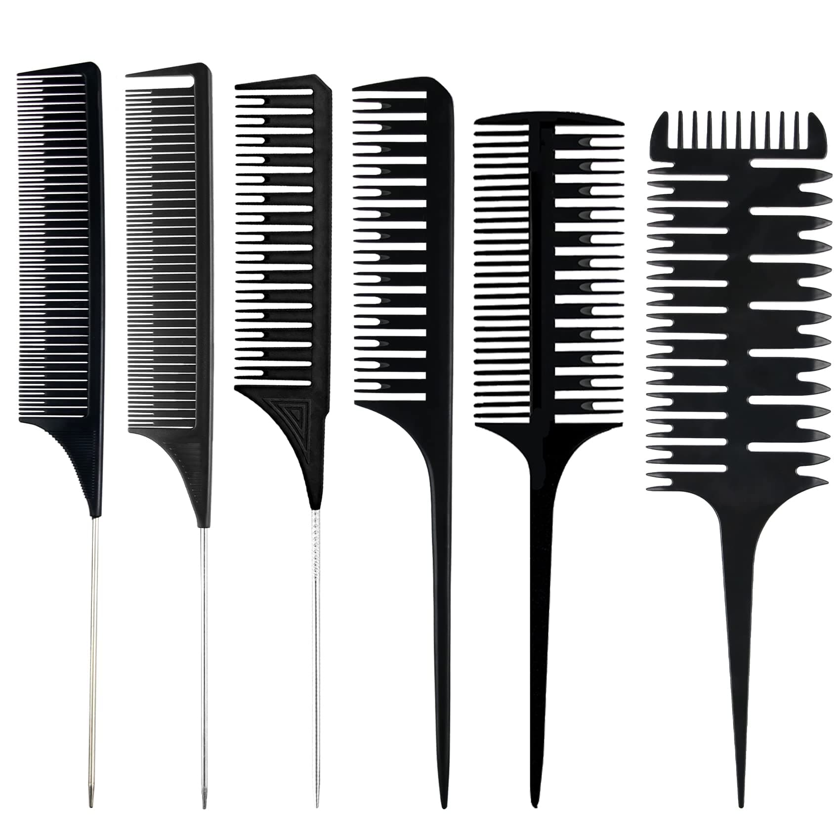 6 Pcs Highlighting Comb Set Professional Weaving Styling With Rat Tail Comb Teasing Foiling Comb Heat Resistant For Hair Salon Barber Home(Black)