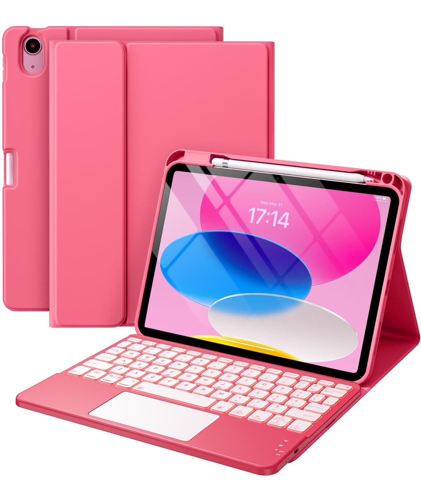 Harvopu Compatible for iPad 11th 10th Generation Case with Keyboard, Folio Cover with Pencil Holder, Multi-Touch Trackpad, 7 Color Backlit, Detachable Keyboard for iPad (A16) 11th/10th Gen (Pink)