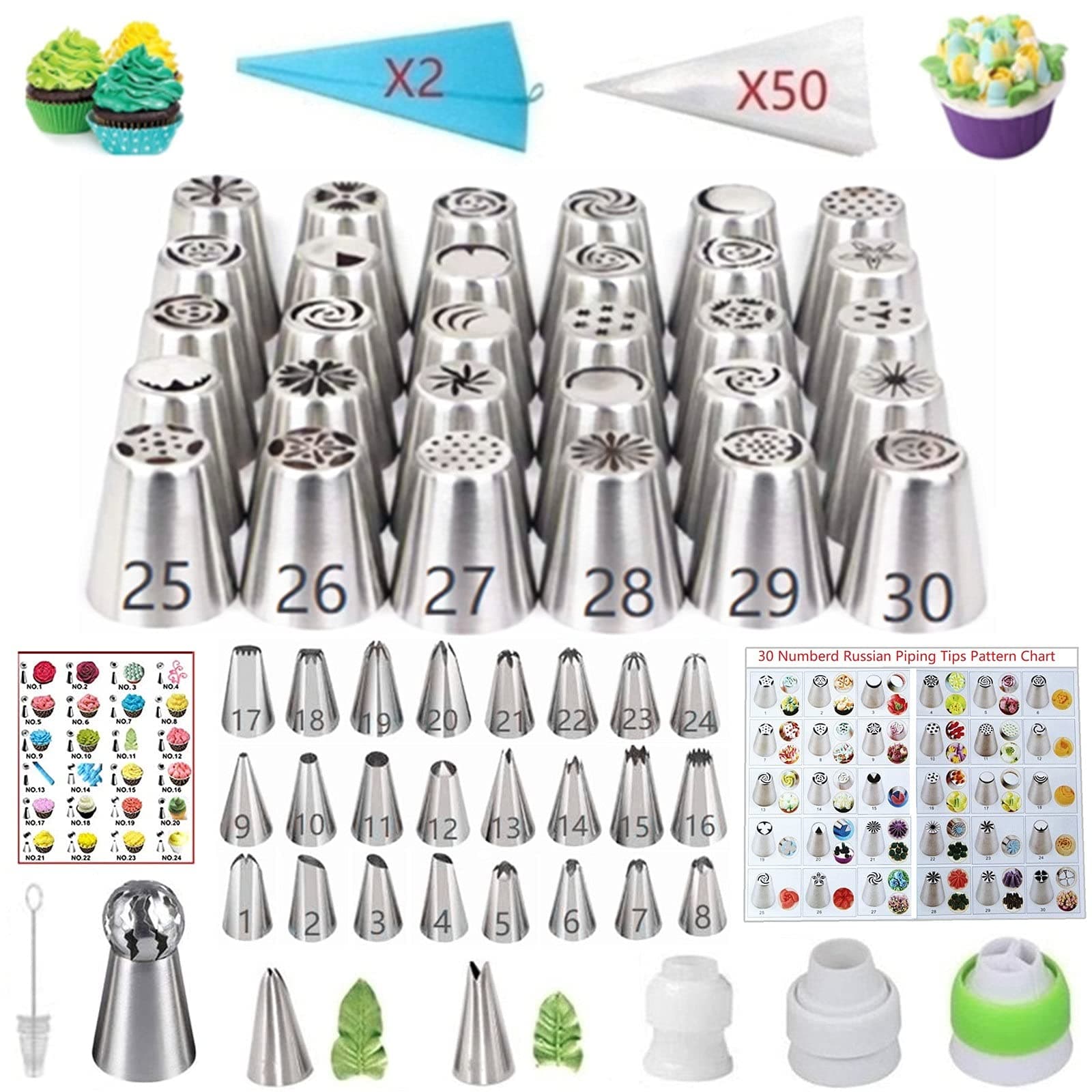 ANSLYQA 166 Pcs Russian Piping Tips Set, with 30 Numbered Russian Tips,24 Numbered Icing Tips,Pattern Chart,1 Ball Tip,2 Leaf Tips,100 Pastry Bags,3 Couplers for Cake Decorating