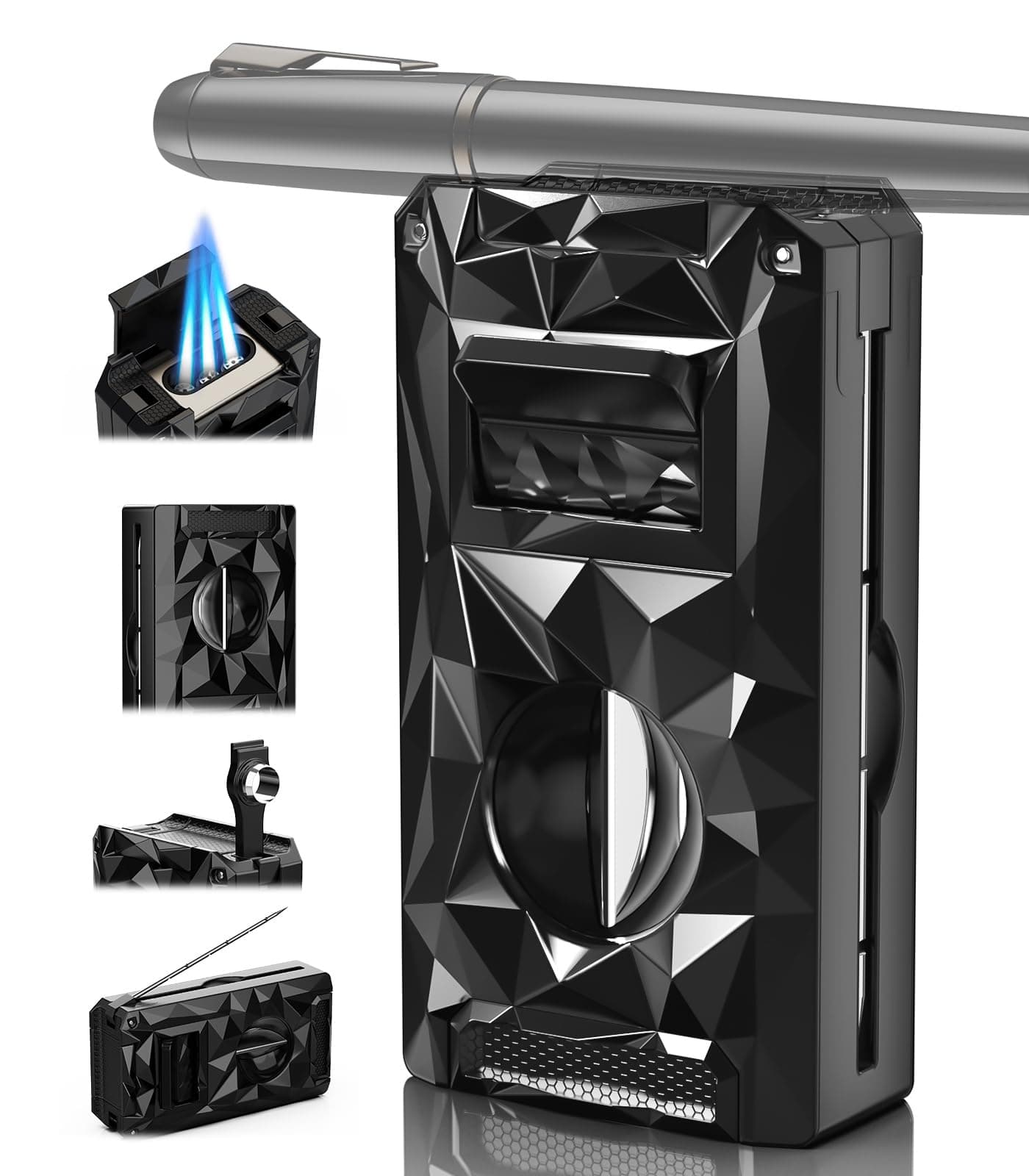 5-in-1 Windproof Lighter with Punch, Draw Enhancer, Holder, Triple Jet Flames and Tool, Butane Torch Lighter, Versatile Accessories for Travel, Candle, Lighter Gifts for Men (Without Butane)