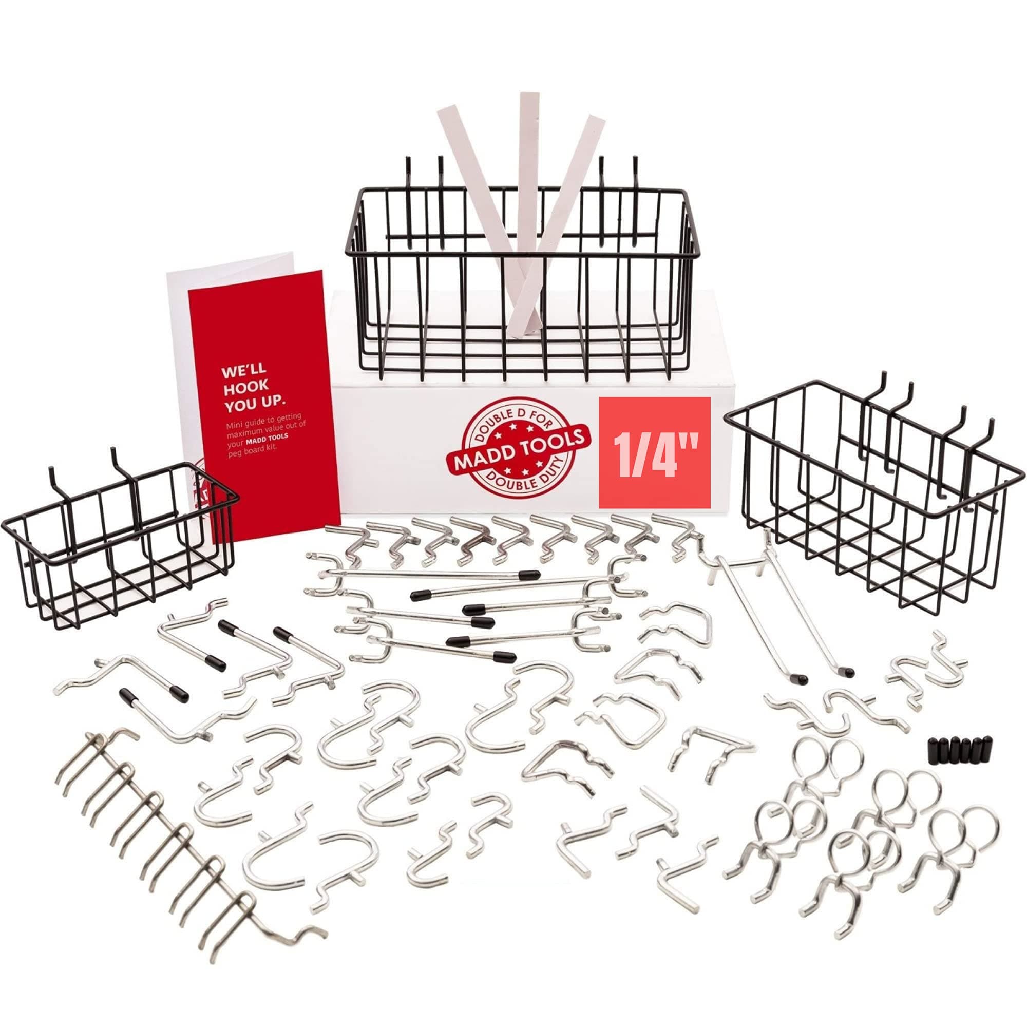Extra Thick 60pcs Pegboard Accessories Organizer Kit | 1/4 Inch Peg Board Attachments | Peg Board Hook Set and Pegboard Basket Set for Tools - Heavy Duty - Does Not Fall Out Off The Board