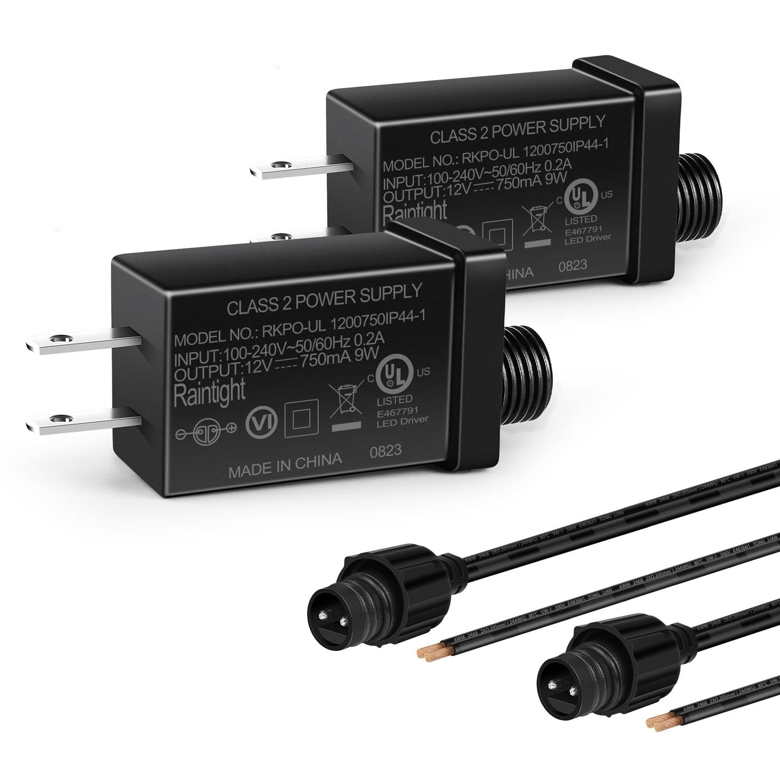 12V 9W 0.75A Class 2 Power Supply 2 Pack, AC to DC Low Voltage Transformer, IP44 Inflatable Power Adapter for LED Strip Lights, Christmas Decor Light, Indoor/Outdoor Use, UL Listed