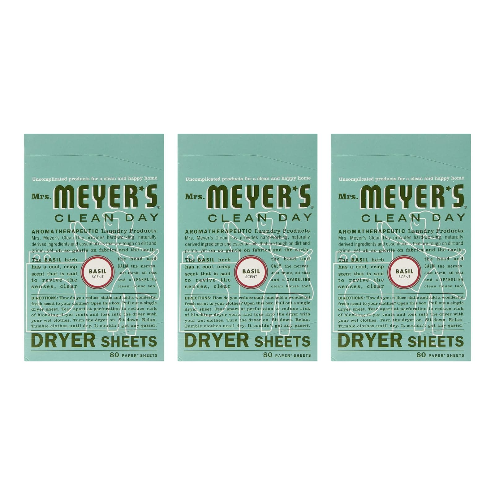 Mrs. Meyer's Clean Day Dryer Sheets, 80 Count (Basil, Pack of 3)