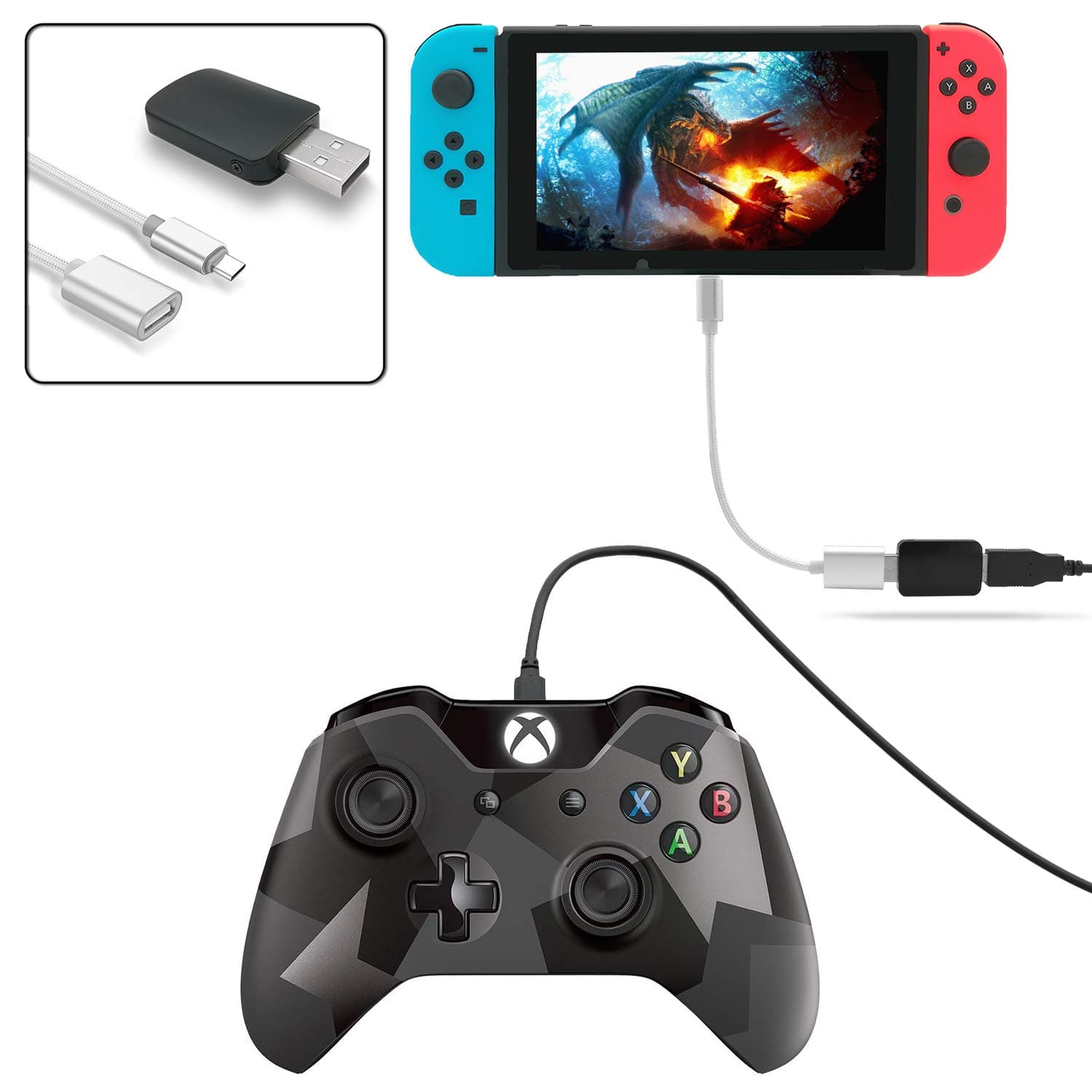 FastSnail Controller Converter for Nintendo Switch, Makes PS3/PS4 Dualshock/Xbox ONE Controllers Compatible with Your Switch, Support Vibration, with Type-C OTG Cable Silver