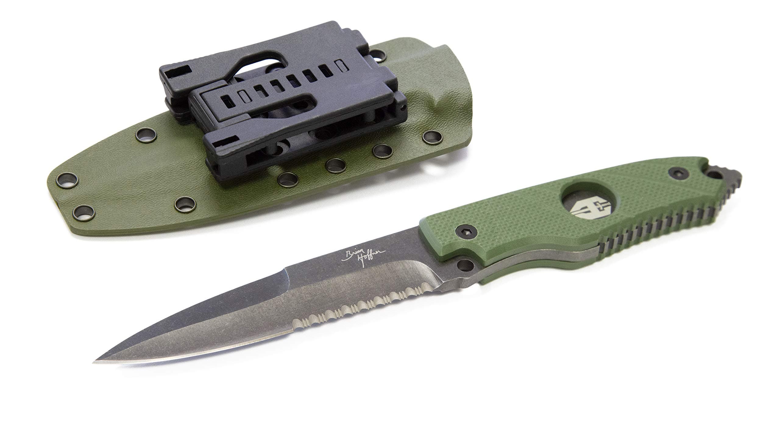 Hand Spear Fixed Blade Knife - Flatline Olive Grip, 5 Inch Full Tang Black Spear Point Blade, Includes Black Molle Compatible Kydex Sheath