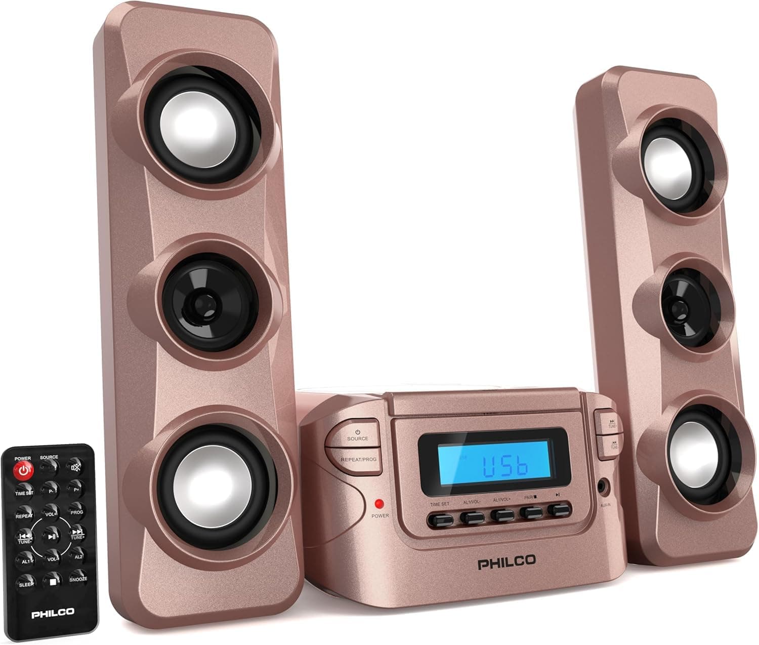Philco Stereo Shelf Systems Compact CD Shelf System with Digital FM Stereo Radio, Wireless Bluetooth and Remote Control in Black, LCD Display, MP3 & AUX Port Compatible, USB Playback (Rose Gold)