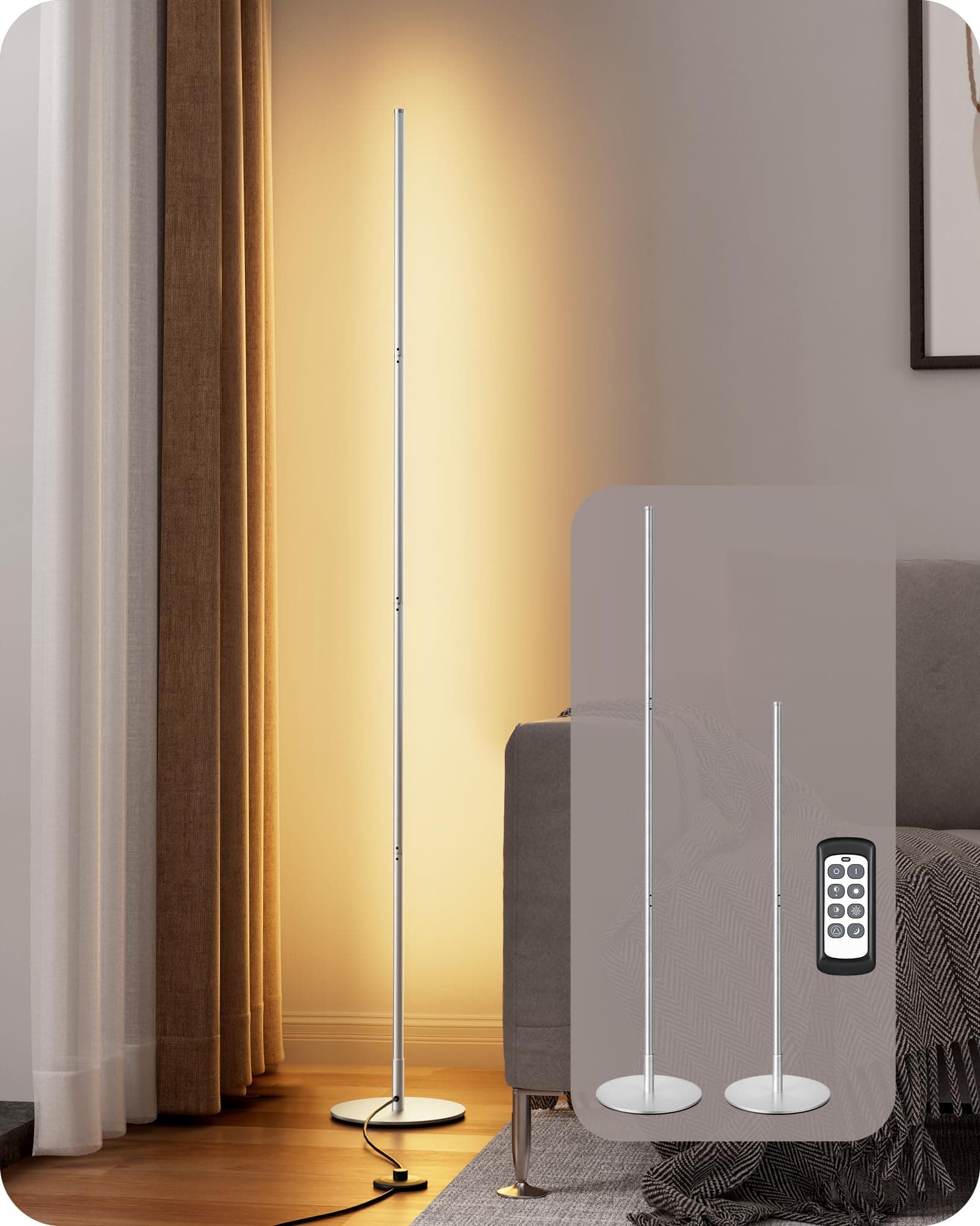 LED Standing Floor Lamp, Dimmable Corner Standing Light with Remote, 3 Color Temperature 3000K-4500K-6000K, 57.5" Modern Floor Lamps for Living Room, Bedroom, Office, Silver