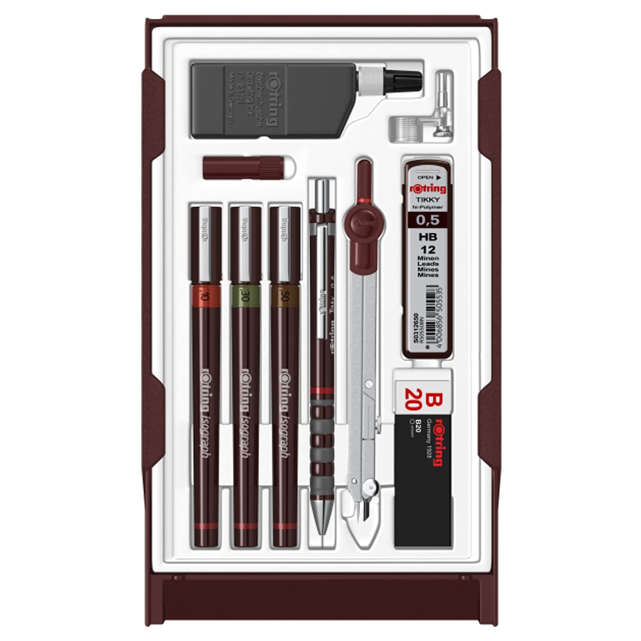 Isograph Technical Pen Master Set, 3 Fineliners (0.10mm, 0.30mm, 0.50mm), Mechanical Pencil (0.5mm), Compass & Accessories, 10-Piece Set in Case