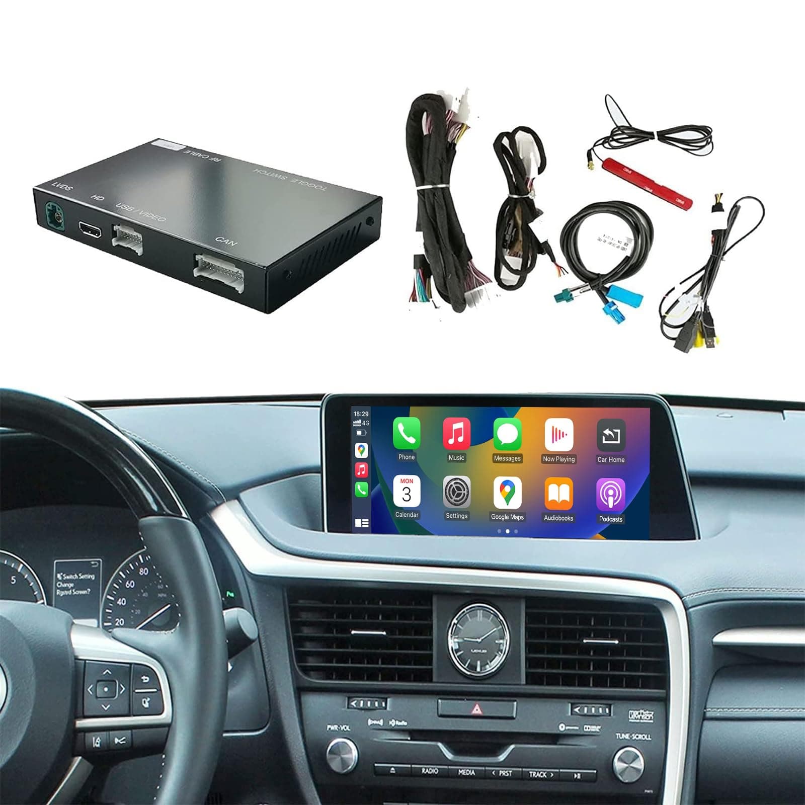 Wireless Carplay Retrofit Kit Decoder Compatible with Lexus RX NX ES UX LS LX RC LC GS is Series 2014-2019 Year, Support Android Auto, Mirror Link, Backup Camera, YouTube, Original Car Function