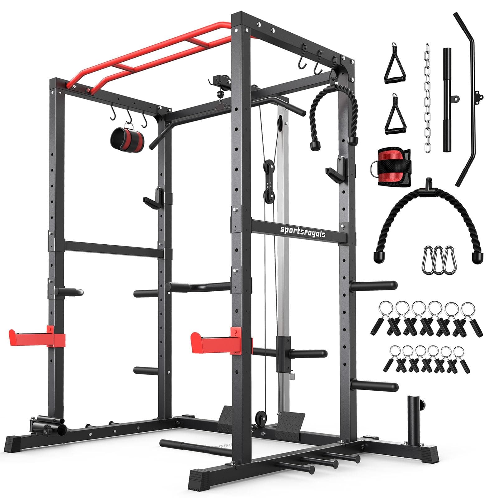 Sportsroyals Squat Rack, LAT Power Cage, Power Rack Multi-Function with Pulley System and Training Attachments for Home Gym