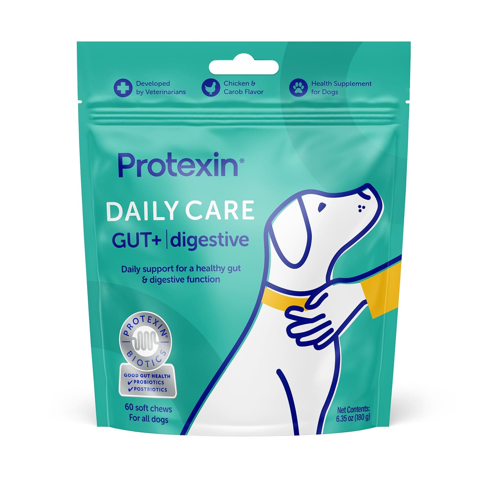 Daily Care Gut+ Digestive | 60 Dog Chews, Chicken and Carob Flavor Dog Supplement | Probiotics for Dogs, Dog Postbiotics