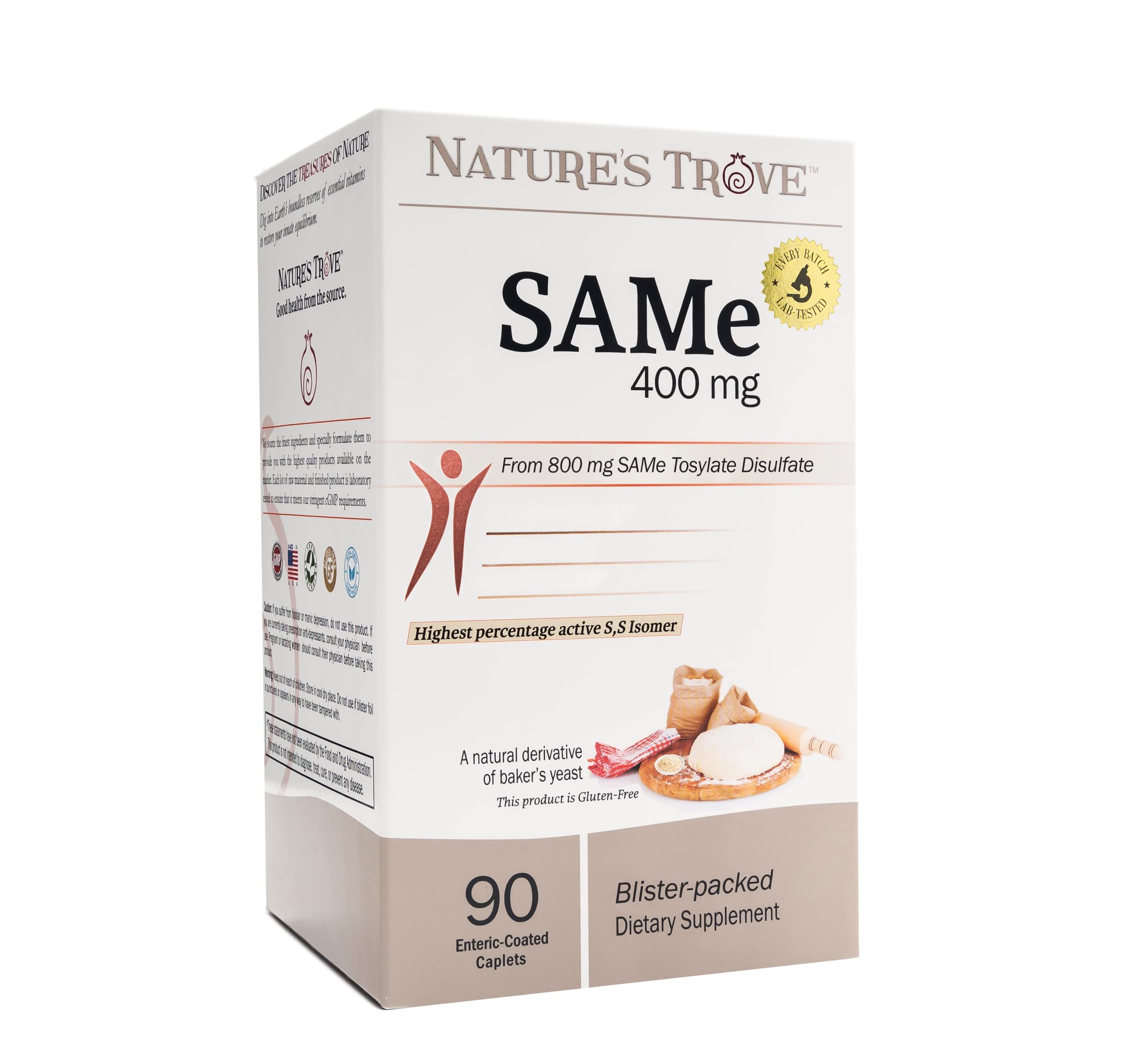 Natures Trove SAM-e 400mg by - 90 Enteric Coated Caplets. Vegan, Kosher, Non-GMO, Soy Free, Gluten Free - Promotes Positive Mood and Joint Comfort - Cold Form Blister Packed.