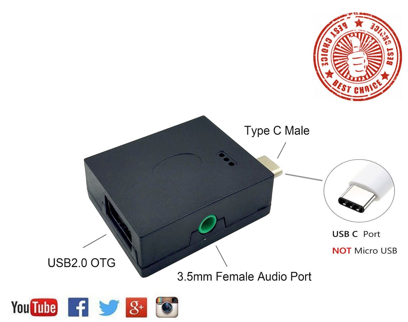 USB 3.1 Type-C Digital Audio Jack Port OTG Adapter. Type-C Male to USB 2.0 Female OTG Adapter w/ 3.5mm Female Digital Audio Output Speaker Port Converter Adapter. Plug n Play Pure Digital Signal (T2)