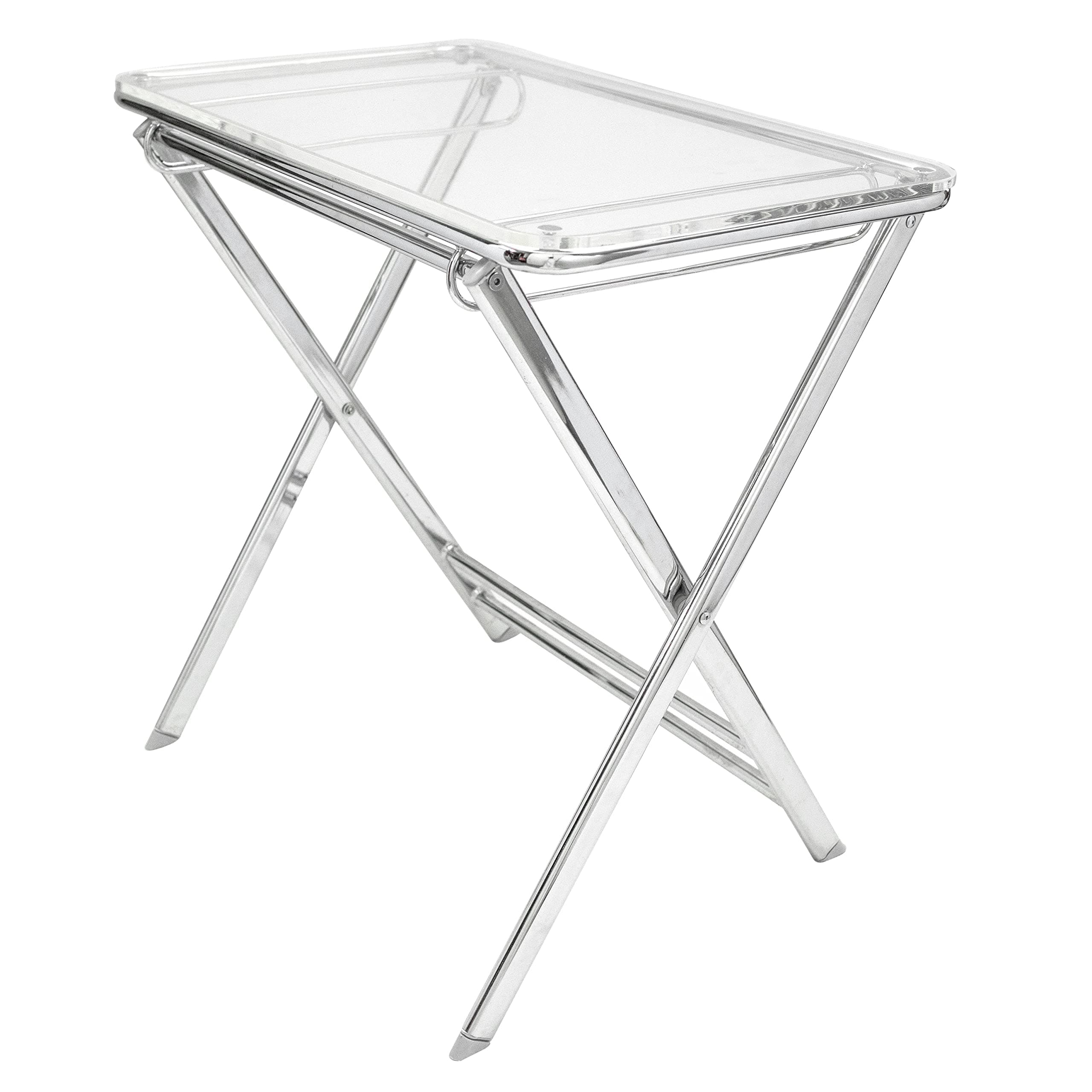 LeisureMod Lawrence Modern Rectangular Folding Side Table in Chrome Finish with Acrylic Tabletop & Aluminum Frame for Mid-Century Living Room and Contemporary Home (Clear, 20" Rectangular)