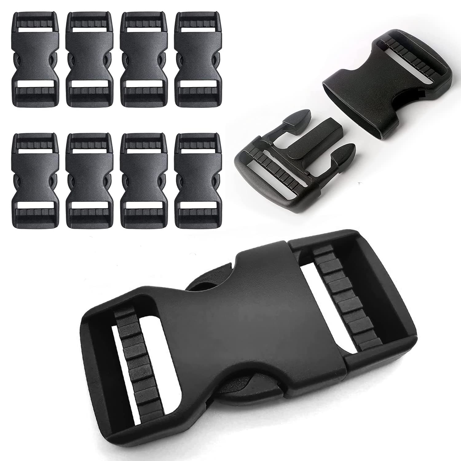 Side Release Buckle, 10 Pcs Plastic Replacement Buckles for 1 inch Webbing Backpack Strap, Heavy Duty Snaps Clips No Sewing Dual Adjustable Button for Waist Bag Dog Collars (Black)