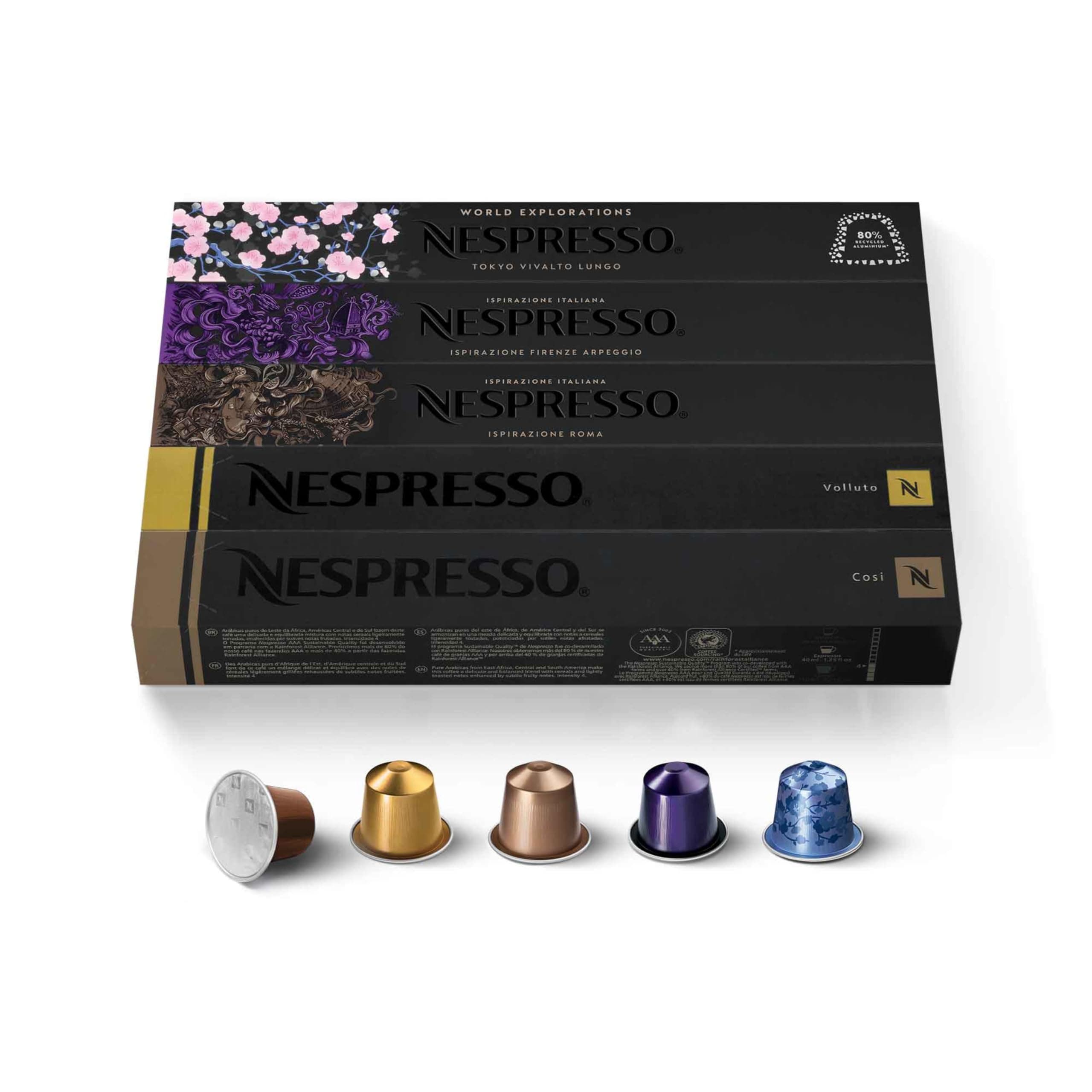 Original Coffee Pods, 50 Mixed Pack - 10 Volluto, 10 Roma, 10 Cosi, 10 Vivalto and 10 Arpeggio Capsules for Nespresso Machines. Make Espressos, Cappuccino and Macchiato. Recyclable Pods
