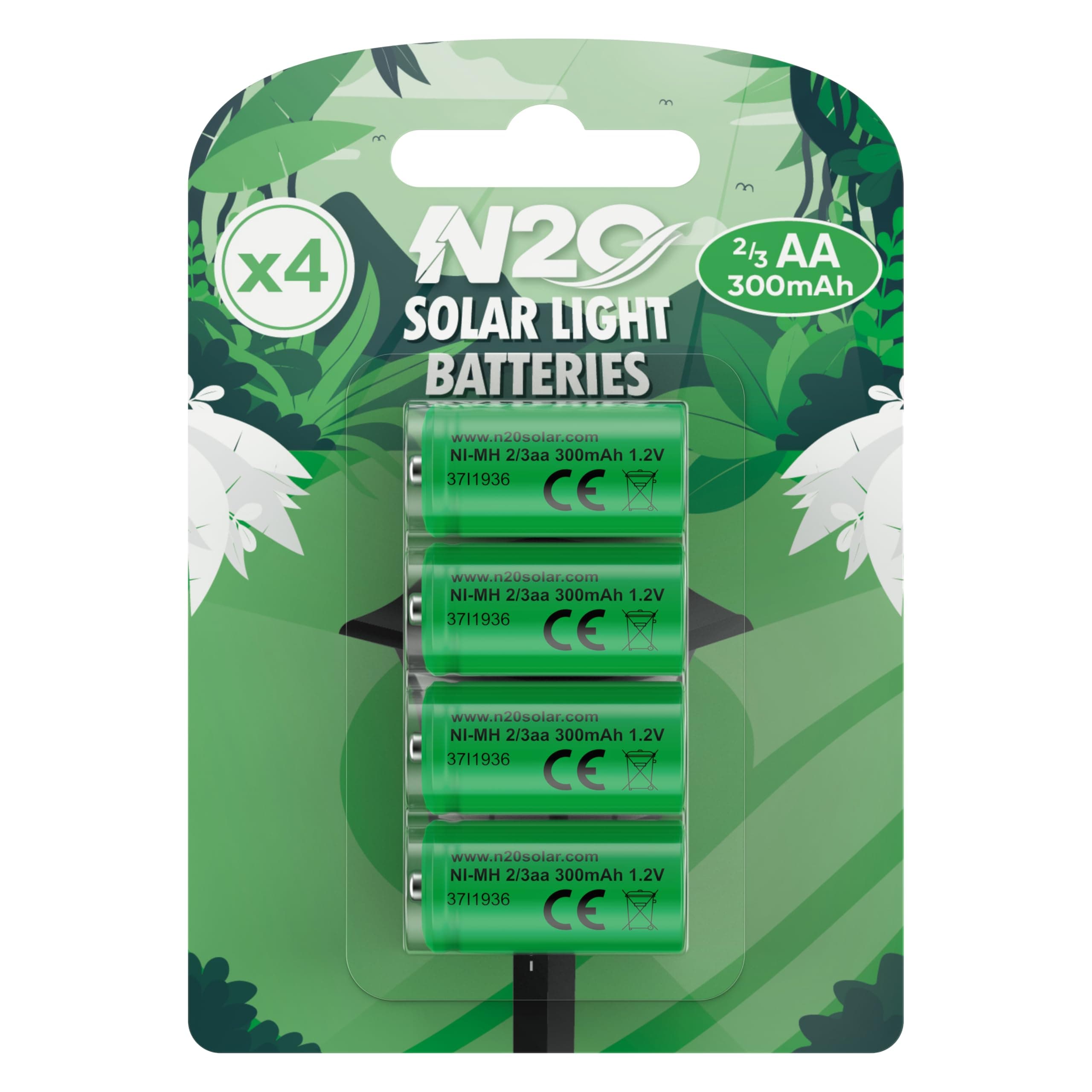 4 Pack Small Size 2/3 AA N20 Solar Rechargeable Batteries for Solar Lights - Smaller Size 300mAh 1.2V Ideal for Garden Lighting 4 Pack