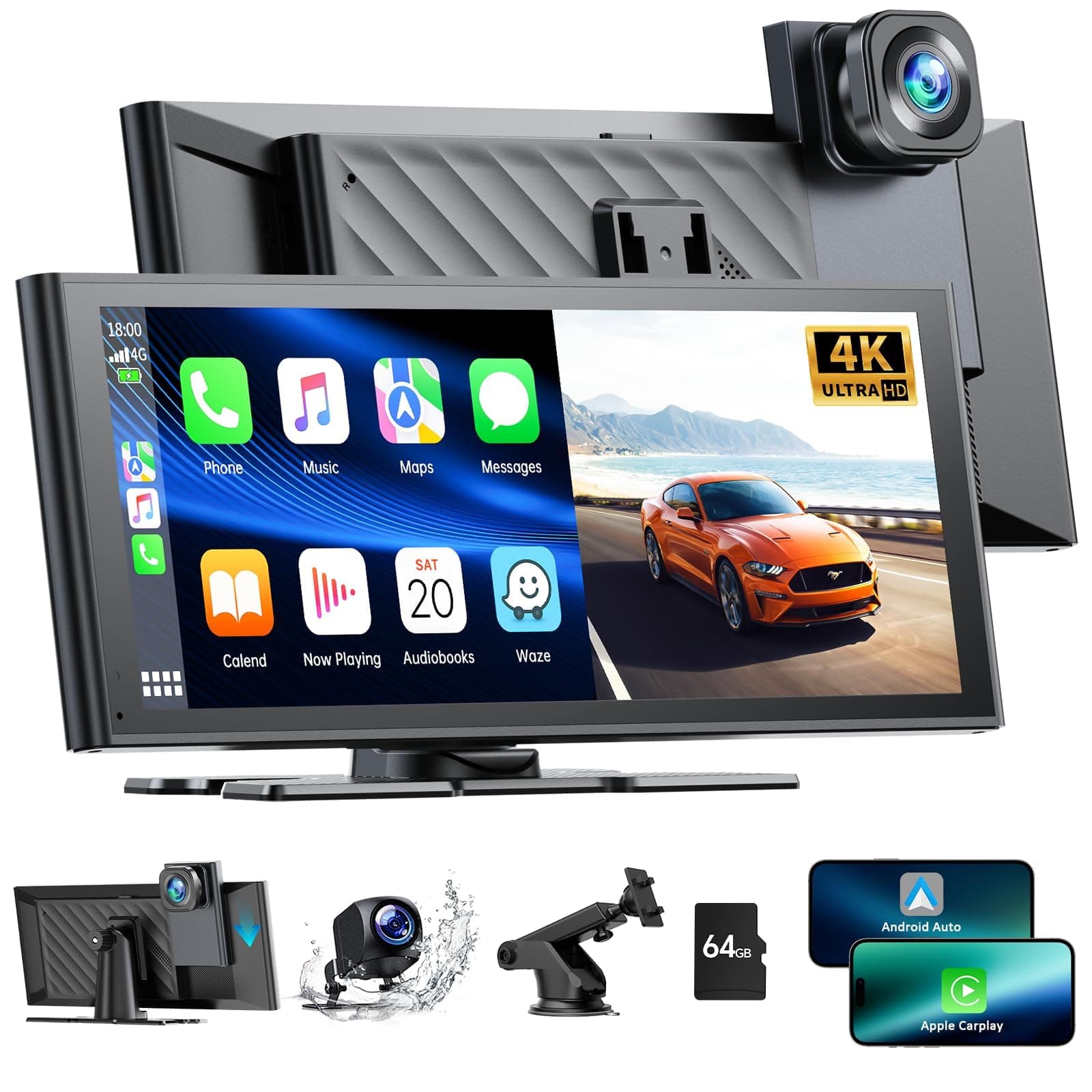 LAMTTO Wireless Carplay and Android Auto with 4K Dash cam,9.26 Inch Protable Carplay Screen for Car,1080P Backup Camera, Digital Media Receivers with Voice Control,Bluetooth,G-Sensor,GPS,Mirror Link