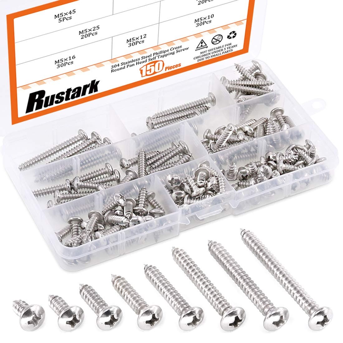 Rustark 150-Pcs [#10 3/8" to 1-3/4"] 304 Stainless Steel Round Pan Head Phillips Cross Screws Drive Self-Drilling Screws Assortment Kit