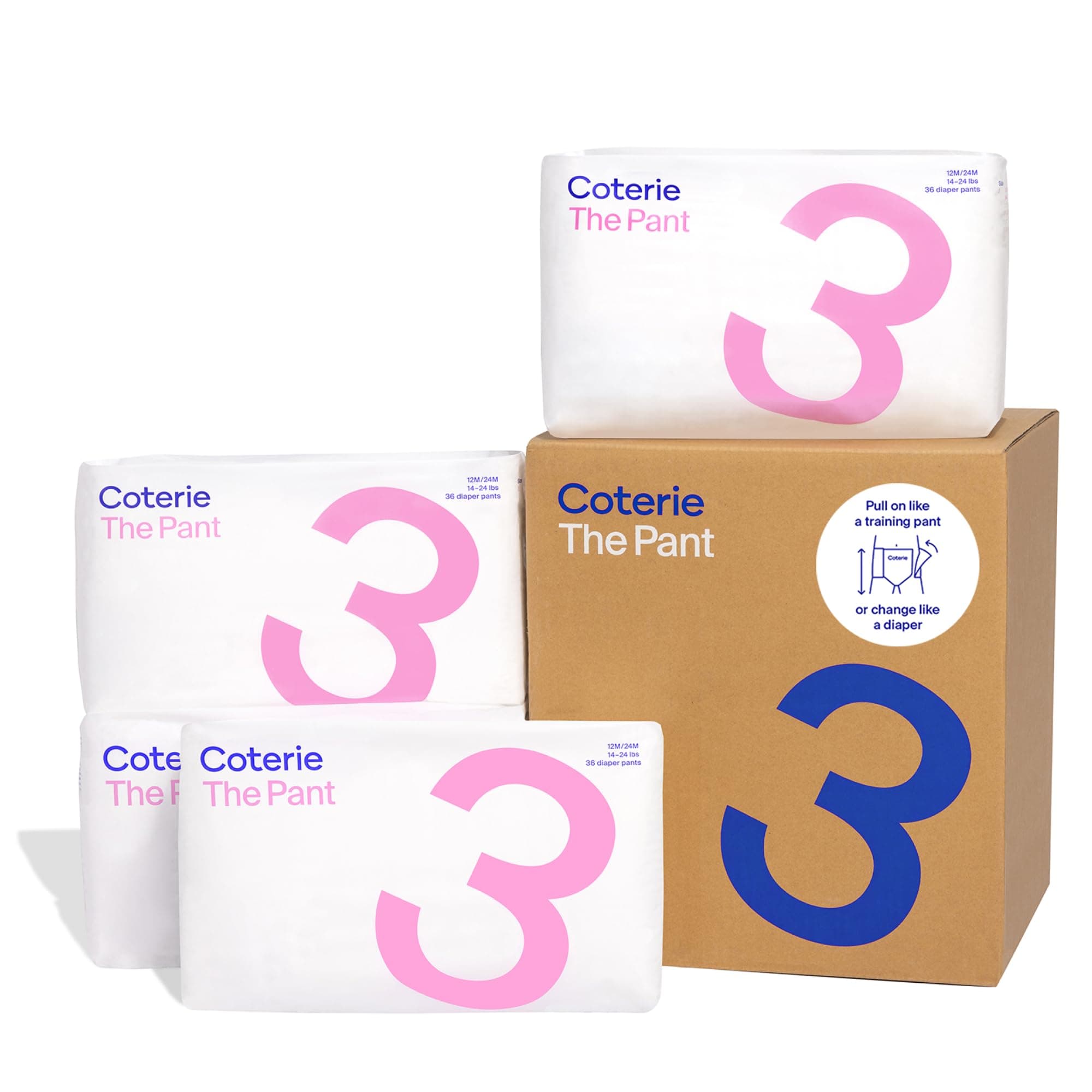 Coterie The Pant Pull-On Nappy, Size 3 (14-24 lbs) 144 Pack, Absorbent Baby Pull-On Nappy, Hypoallergenic, for Sensitive Skin, Clean Ingredients, Resealable Waistband