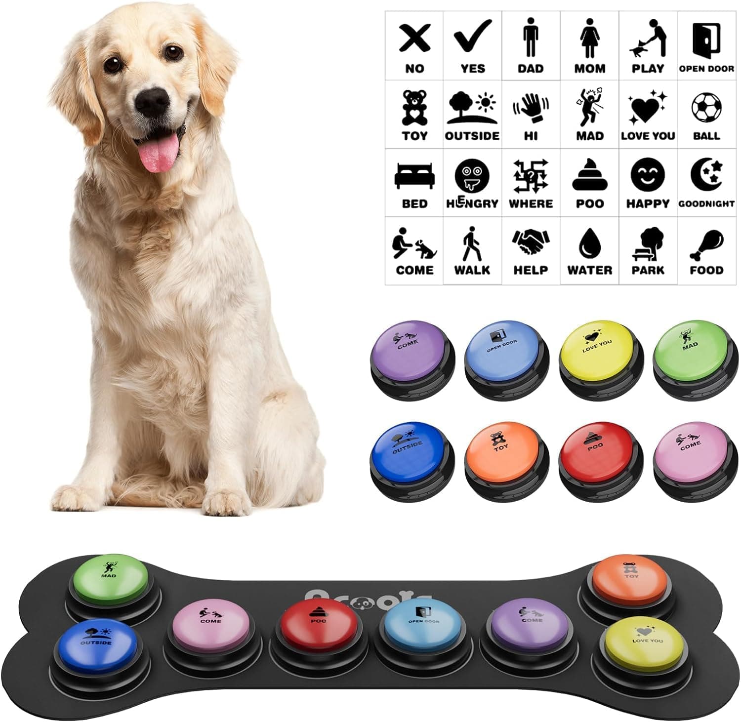Dog Buttons for Communication, 8 Pcs Dog Talking Button Set, 30s Recordable Voice Pet Buzzer Training Buttons, Speaking Button for Dogs with Waterproof Anti-Slip Dog Button Mat and 48 Scene Stickers