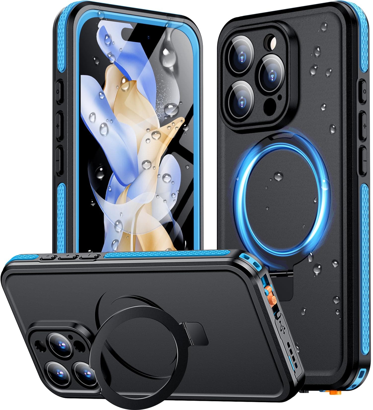 Temdan Magnetic for iPhone 16 Pro Case Waterproof, [Built-in Ring Invisible Stand & Screen Protector][IP68 Underwater][Dropproof][Dustproof][Real 360] Shockproof Protective Phone Case 6.3'' -Blue