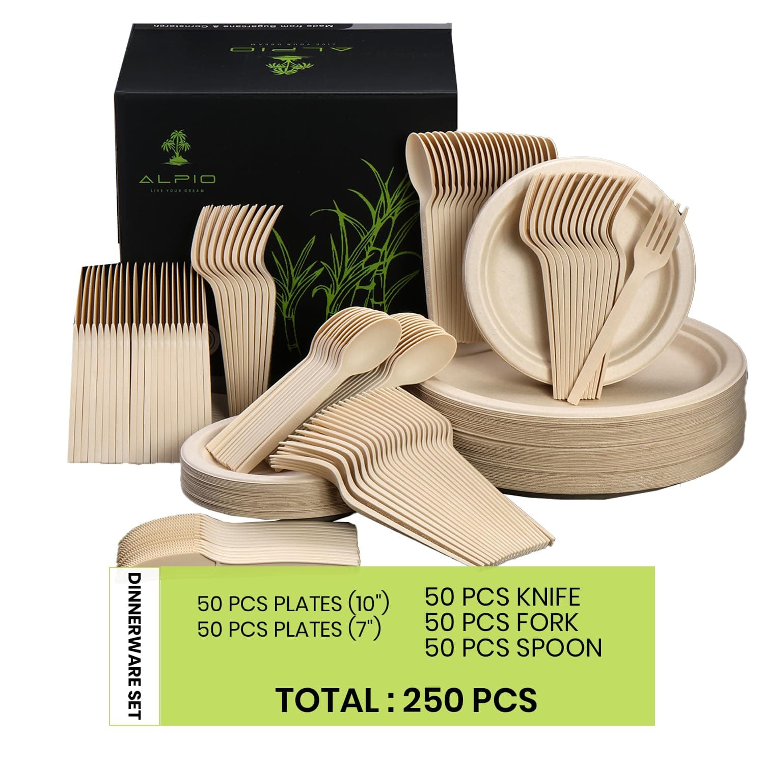 ALPIO 250 Piece Compostable Dinnerware Set for 50 Guests – Biodegradable Paper Plates, Eco-Friendly Disposable Utensils, Includes Paper Plates, Forks, Knives, Spoons, Brown