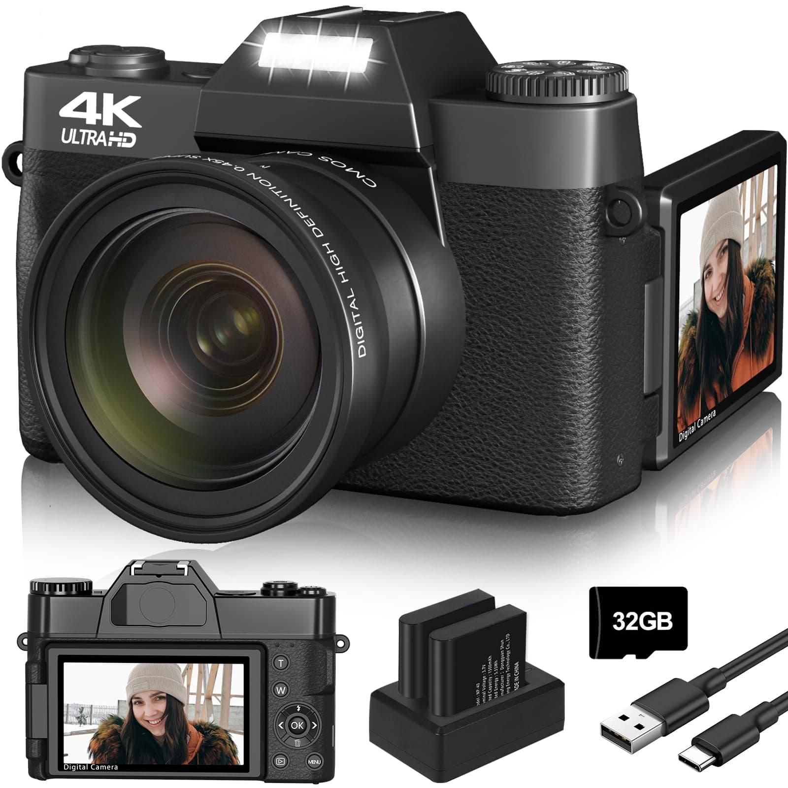 Digital Camera, 4K Vlogging Camera for YouTube 56MP 16X Digital Zoom Manual Focus Students Compact Photography Camera with 52mm Wide-Angle & Macro Lens, 32G TF Card and 2 Batteries(Black)