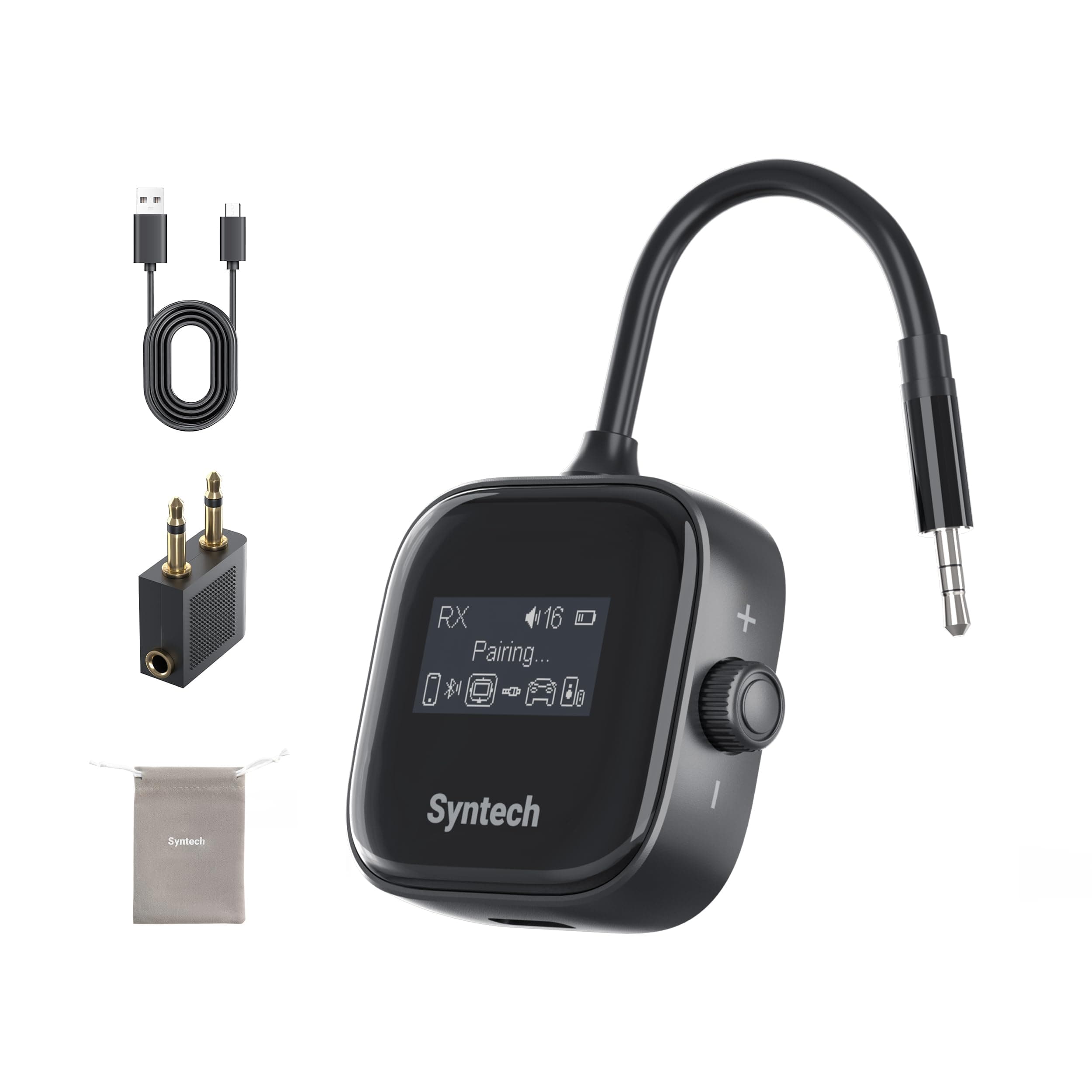 - Syntech Airplane Bluetooth Transmitter Receiver 5.4 Adapter for 2 AirPods or Wireless Headphones, HD Display Low Latency 3.5mm AUX Jack Bluetooth Audio Adapter for Flying, TV, Car, Gym, Home Stereo