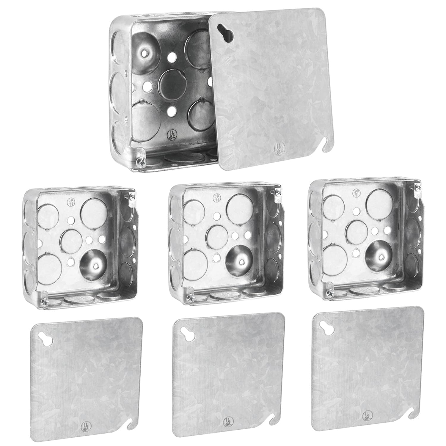 4x4'' Utility Electrical Box with Cover, 1-1/2" Deep, Ten 1/2'' and Six 3/4'' Knockouts, Galvanized Steel Outlet Box, Pack of 4