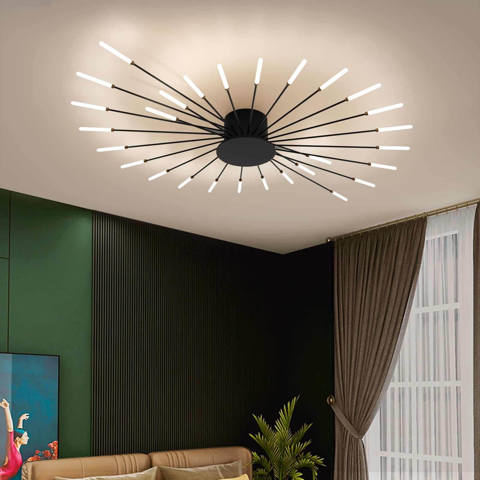 Modern LED Ceiling Light,28 Heads Black Flush Mount Ceiling Lamp Acrylic Lampshade Chandelier, for Children's Room, Bedroom, Living Room, 4000K Neutral Flower Shape Light