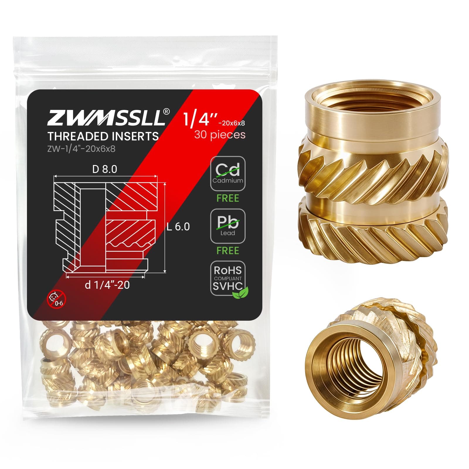 1/4"-20 Heat Set Threaded Inserts,30 Pieces 1/4"-20x6x8 Heat Set Insert for 3D Printing Components and Plastic Parts,Brass Knurled Nuts