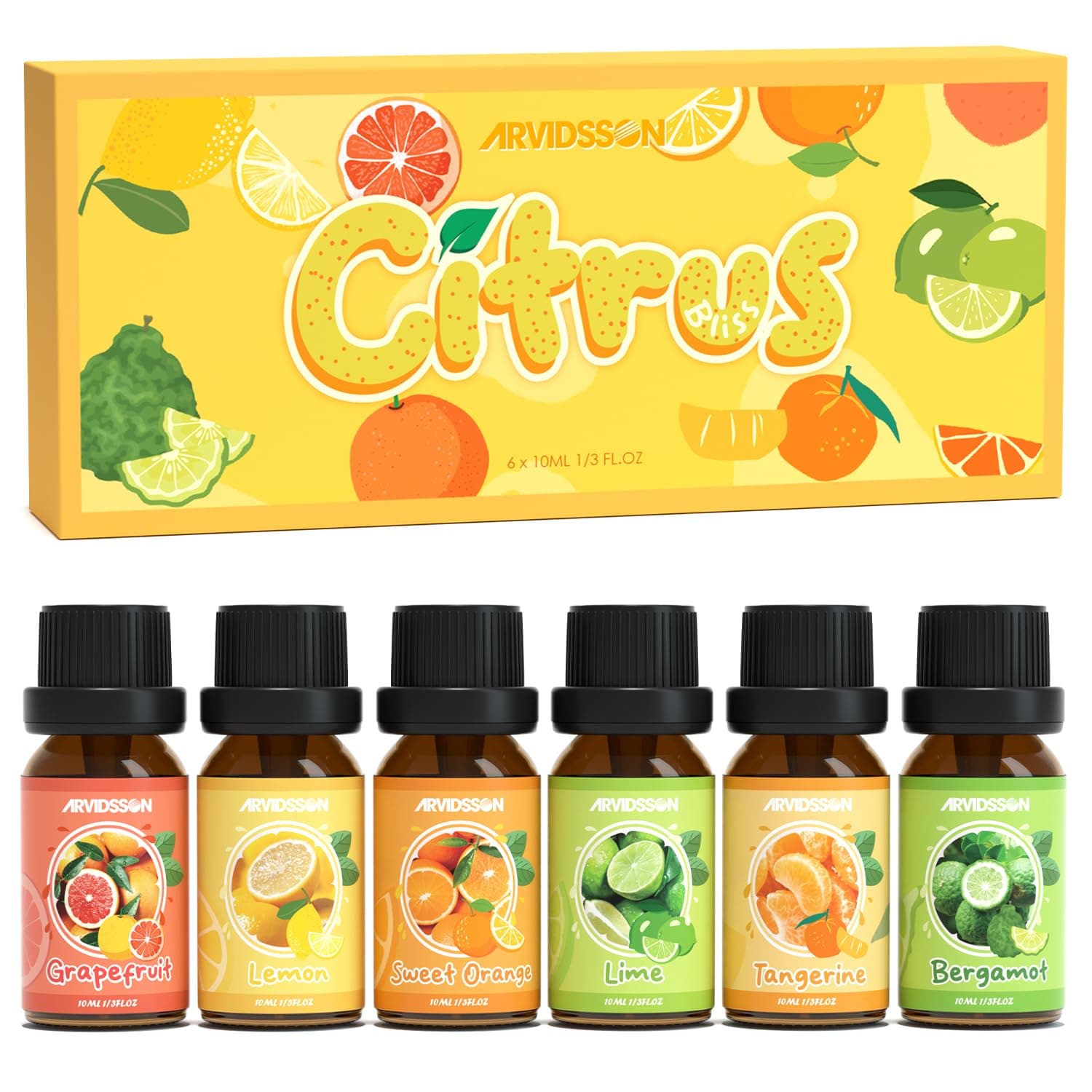 ARVIDSSON Citrus Essential Oils Set, Natural Fruit Essential Oil for Diffuser, Candle Making - Grapefruit, Bergamot, Sweet Orange, Lemon, Lime, Tangerine, Citrusy Scented Oils for Home