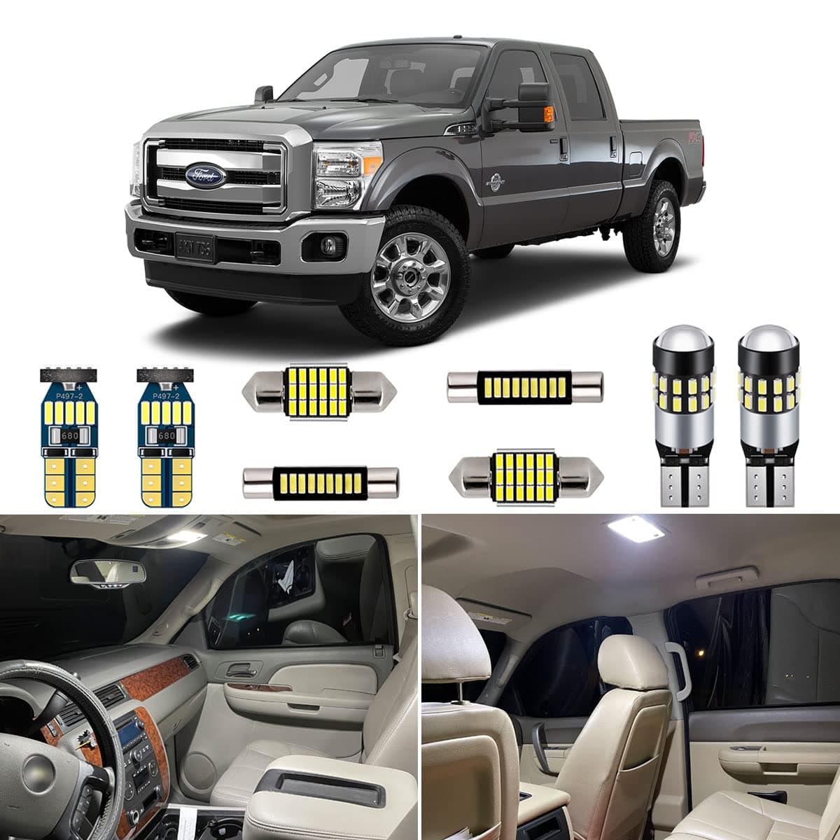 11 Piece White Interior LED Lights kit for 2008-2020 Ford F250 F350 Super Duty Super Bright 6000K Interior LED Light Bulbs Package + Install Tool