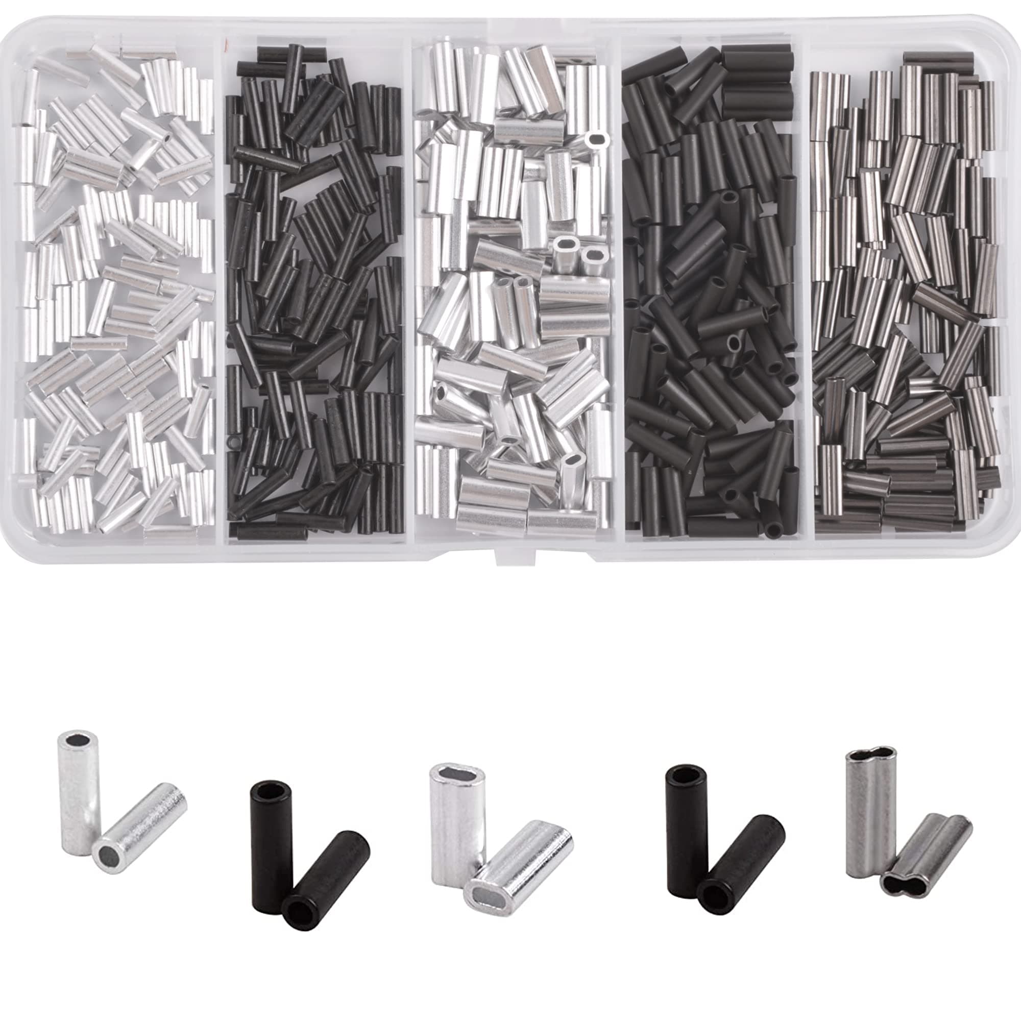 AGOOL 500pcs Barrel Crimp Sleeves Kit Single Double Crimping Loop Sleeve Aluminum Copper with Black Oxidized Fishing Crimp Sleeves Kit for Wire Rope and Cable Fishing Line Crimps for Leader Rigging