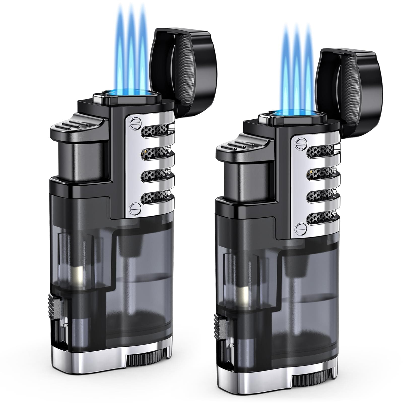 Torch Lighter Butane Refillable Triple Jet Flame Torch Lighters, Windproof Adjustable Flame Butane Torch Lighter with Punch 2 Pack (Without Fuel)