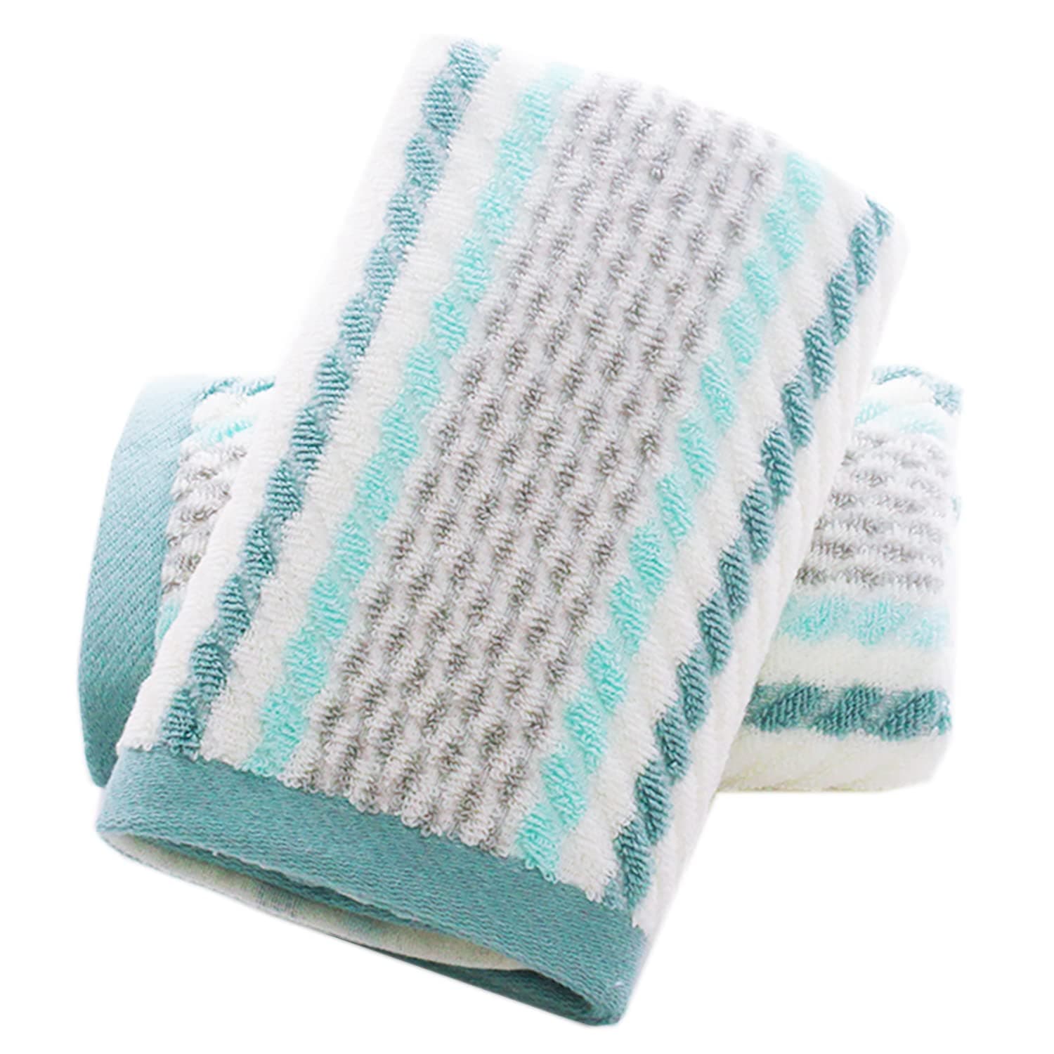 Hand Towels Set of 2 Striped Pattern 100% Cotton Soft Absorbent Decorative Towel for Bathroom (Green)