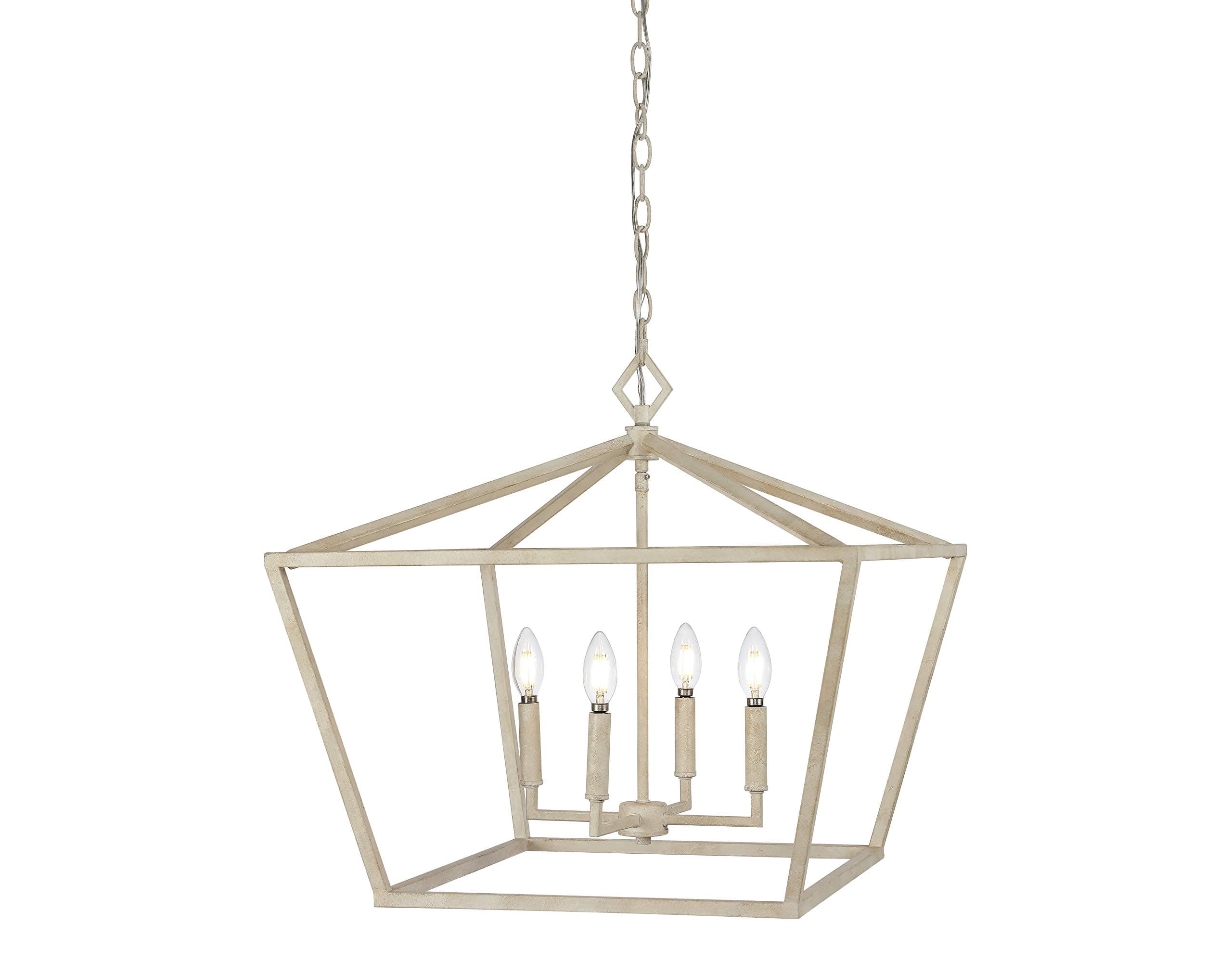 23" Antique White 4-Light Rustic Glam Adjustable Iron LED Pendant, Open Cage Lantern Hanging Light for Dining Room, Kitchen Island, Foyer, Farmhouse French Country JYL7520A