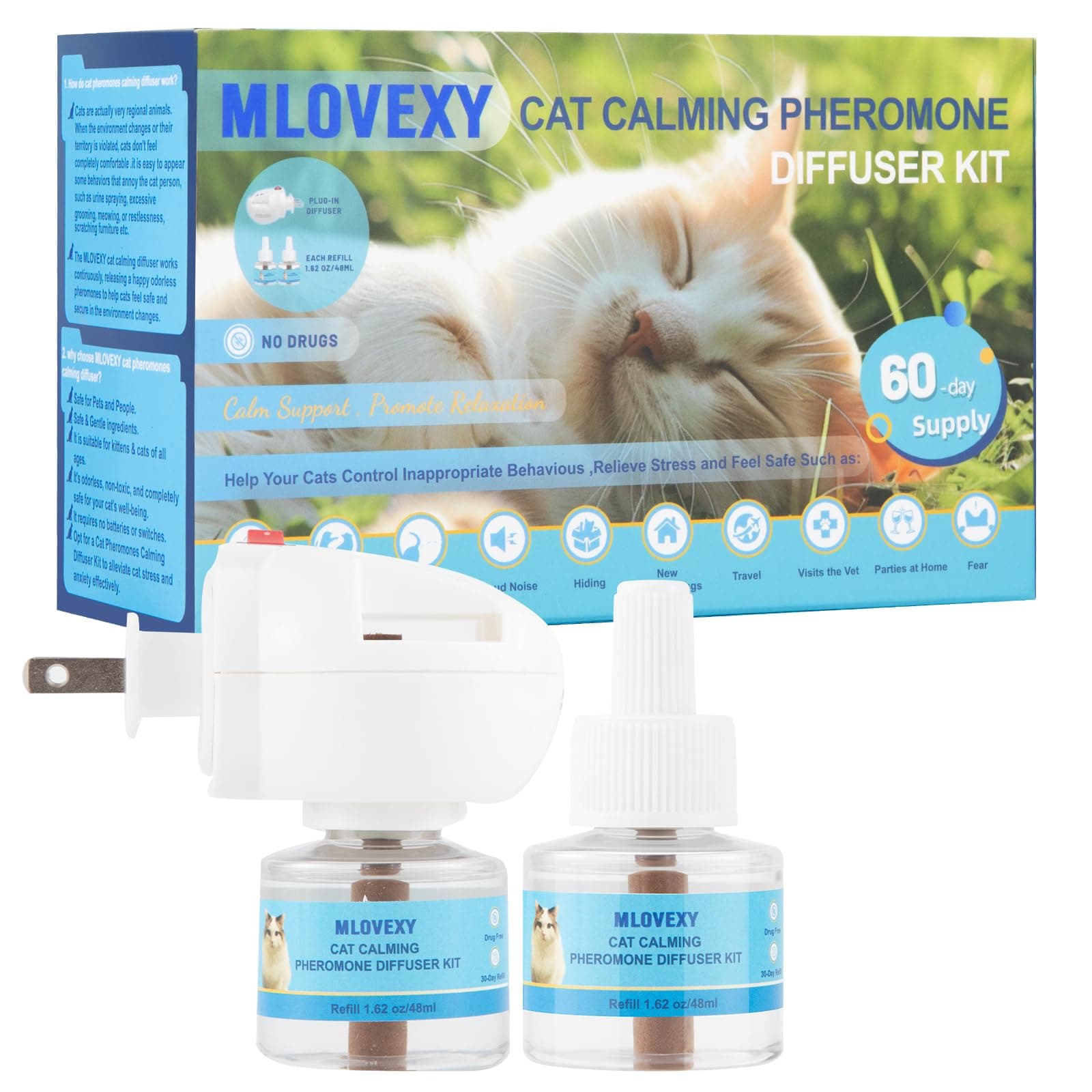 Cat Calming Diffuser for Cat Anxiety Relief, Cat Pheromones Calming Diffuser to Reduce Cat Scratching and Spraying, Multicat Calming Diffuser (2 Refills 1 Diffuser, 60 Days)