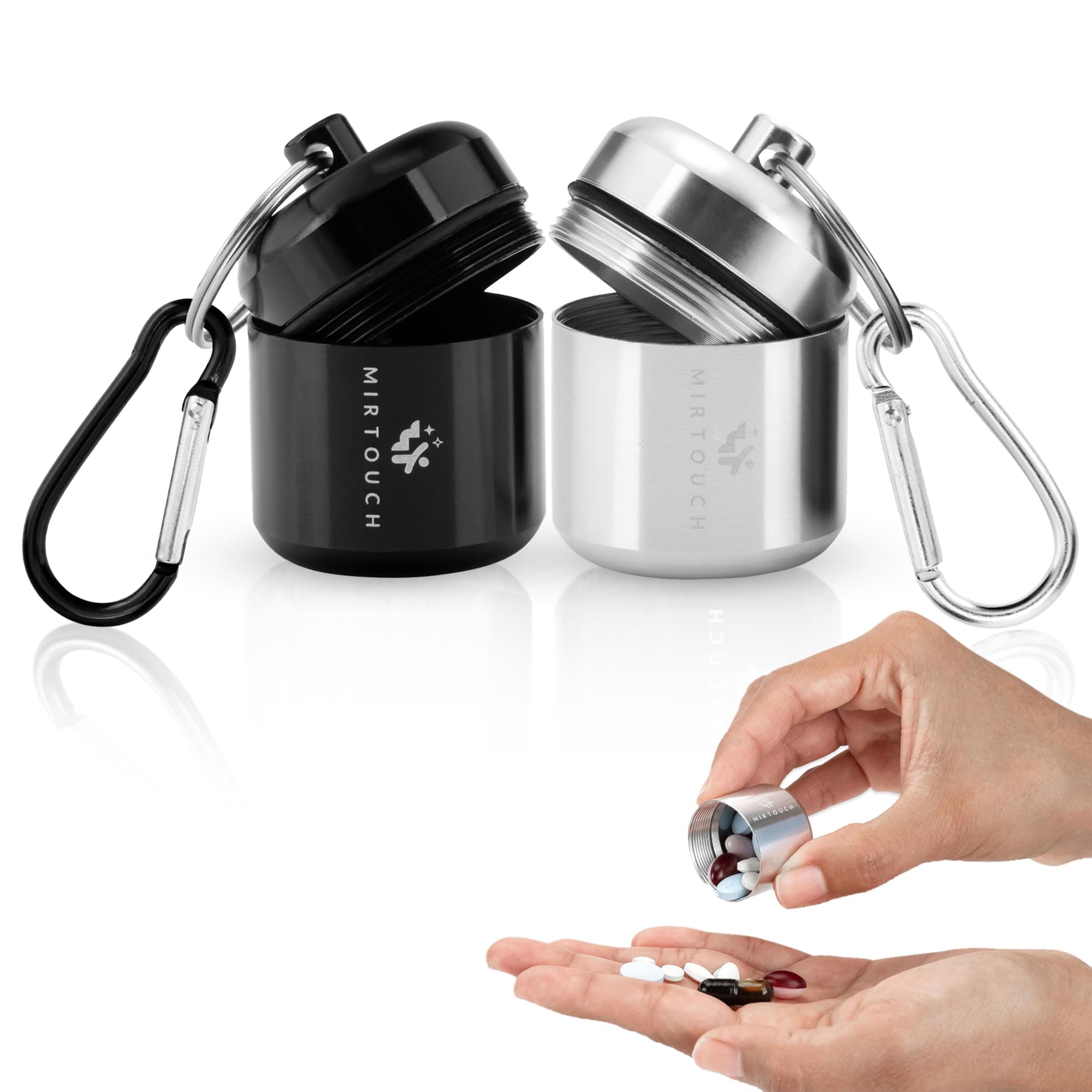 Portable Keychain Pill Holder Case - Discreet Waterproof Mini Pill Container Carrier with Strong Carabiners for Pocket Purse Travel Bags - Aluminum Alloy Pill Fob Box for Medicine Jewelry - 2 Pack