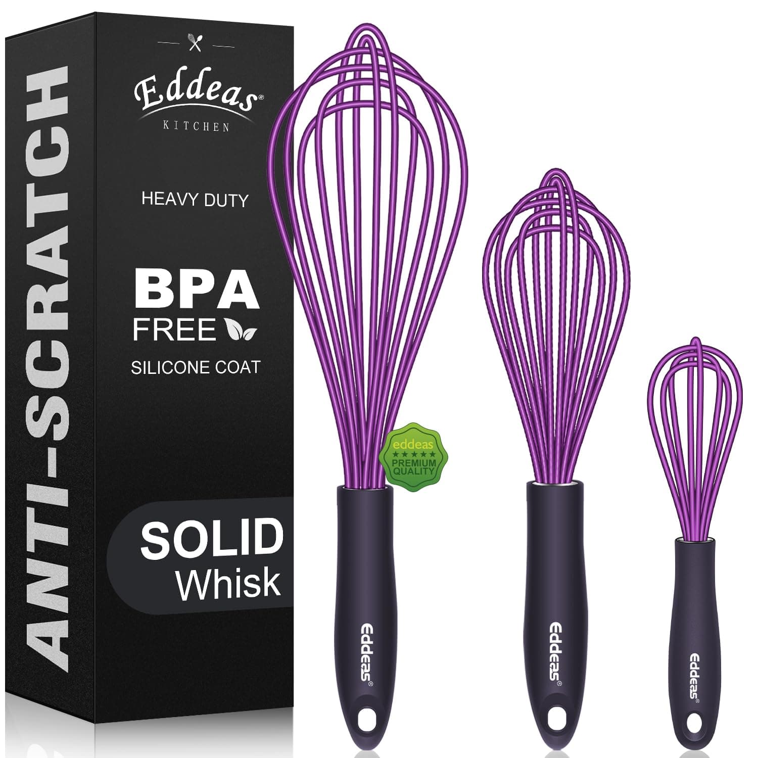 Silicone Whisk, Eddeas Whisk Non-Scratch Coated Whisks set of 3-Heat Resistant(450°F) Kitchen Wisk, Balloon Egg whisk Perfect for Blending, Whisking, Beating & Stirring, Purple
