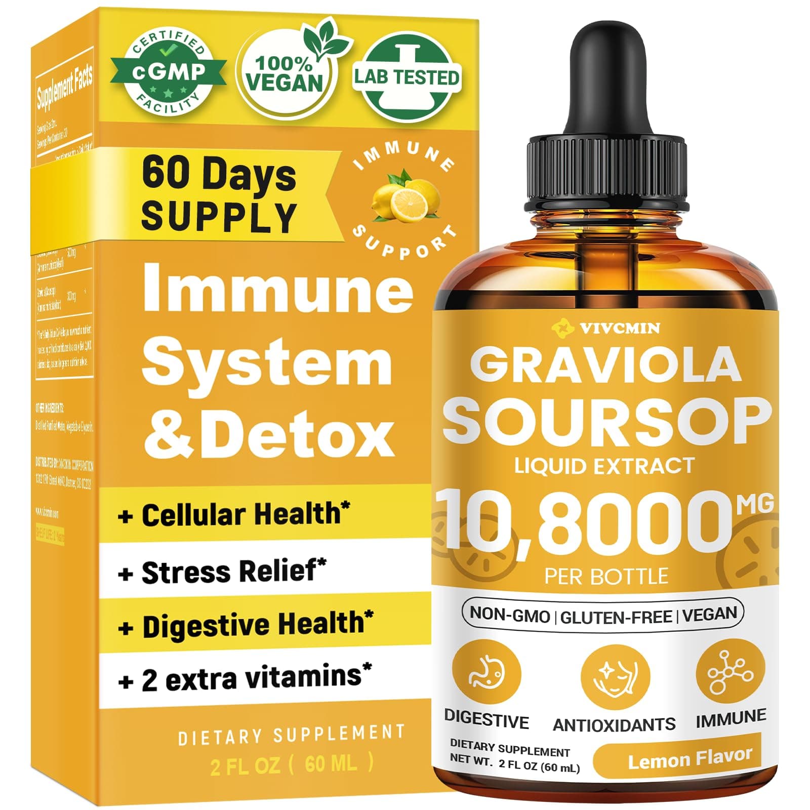 Graviola Soursop Leaf Extract Liquid - Soursop Bitters Liquid, Support Immune, Relax, Liver and Sleep, Sugar & Alcohol-Free, Highly Absorbable Formula, Lemon Flavor, 2 Fl Oz