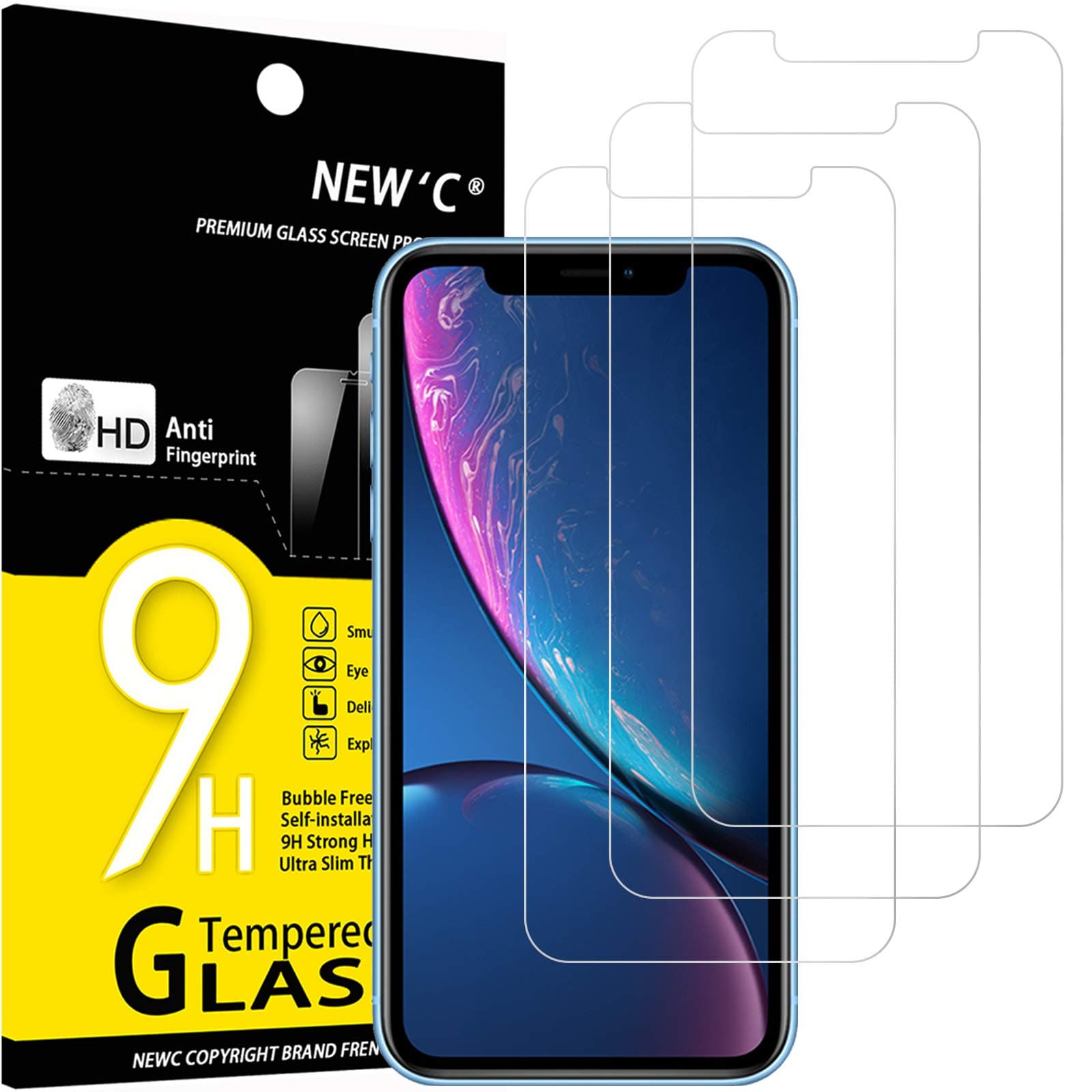NEW'C 3 Pack Designed for iPhone 11 and iPhone XR Screen Protector (6.1"), Enhanced Tempered Glass Protection, Case Friendly Anti Scratch Bubble Free Ultra Resistant