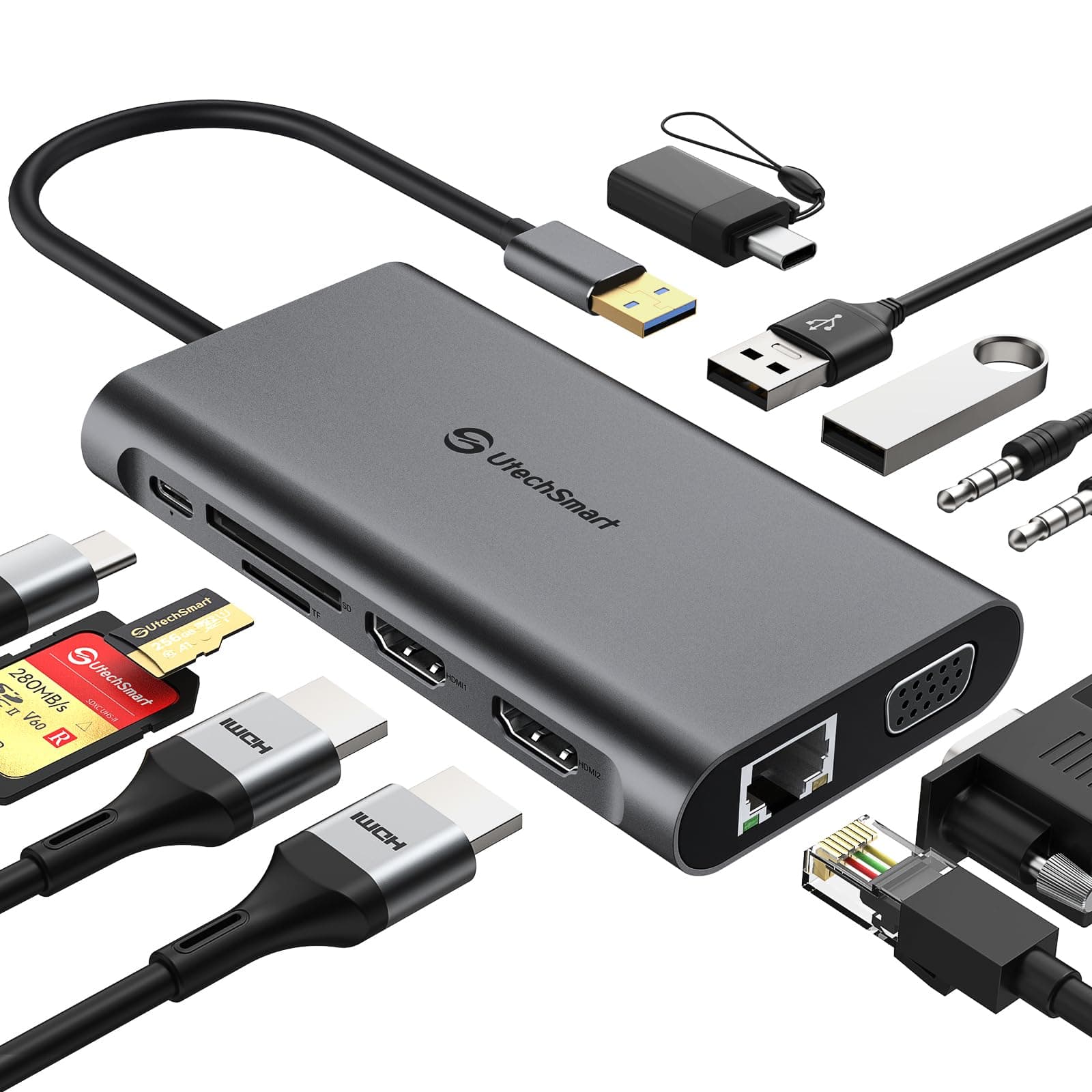 UtechSmart USB C Hub, 10 in 1 USB C Dock, Single Monitor Dock with 1000M Ethernet Port, 4K HDMI, VGA, USB C PD Charging Port, SD/TF Card Slot, 4*USB Ports, Dock with VGA Compatible for MacBook&Windows