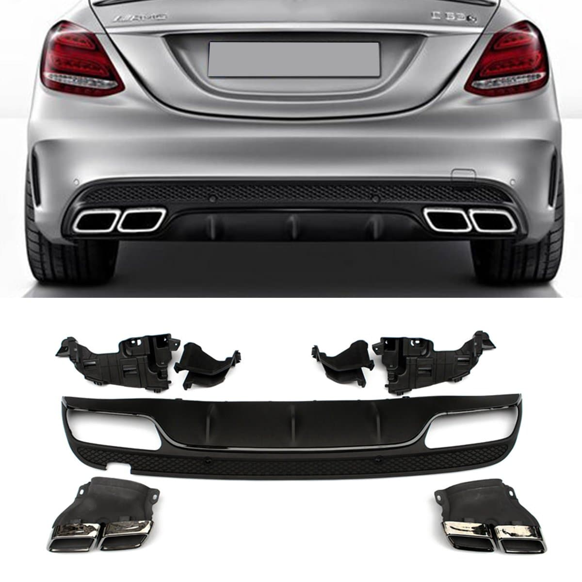 Fandixin W205 Diffuser, ABS Rear Bumper Lip Diffuser with Exhaust Tips for Mercedes Benz C Class W205 4-Door Sedan Sport Edition C43 AMG C450 AMG 4-Door Sedan 2014-2018 Prefacelift