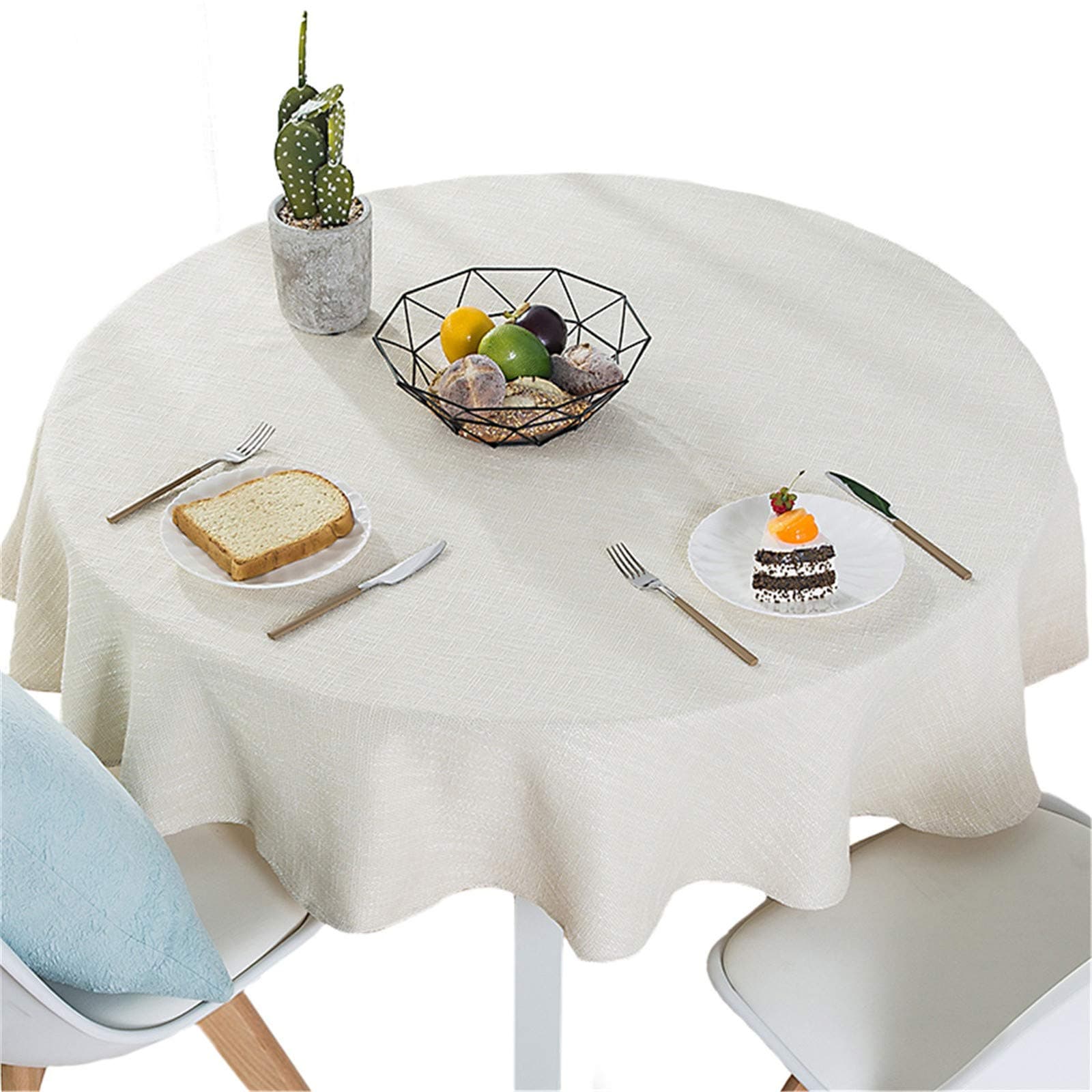 Dimatic Cotton Linen Solid Color Tablecloth Round Simple Style Table Cover for Small Round Table 24"-40" (2 Seats), Off White, Round - 48 Inch