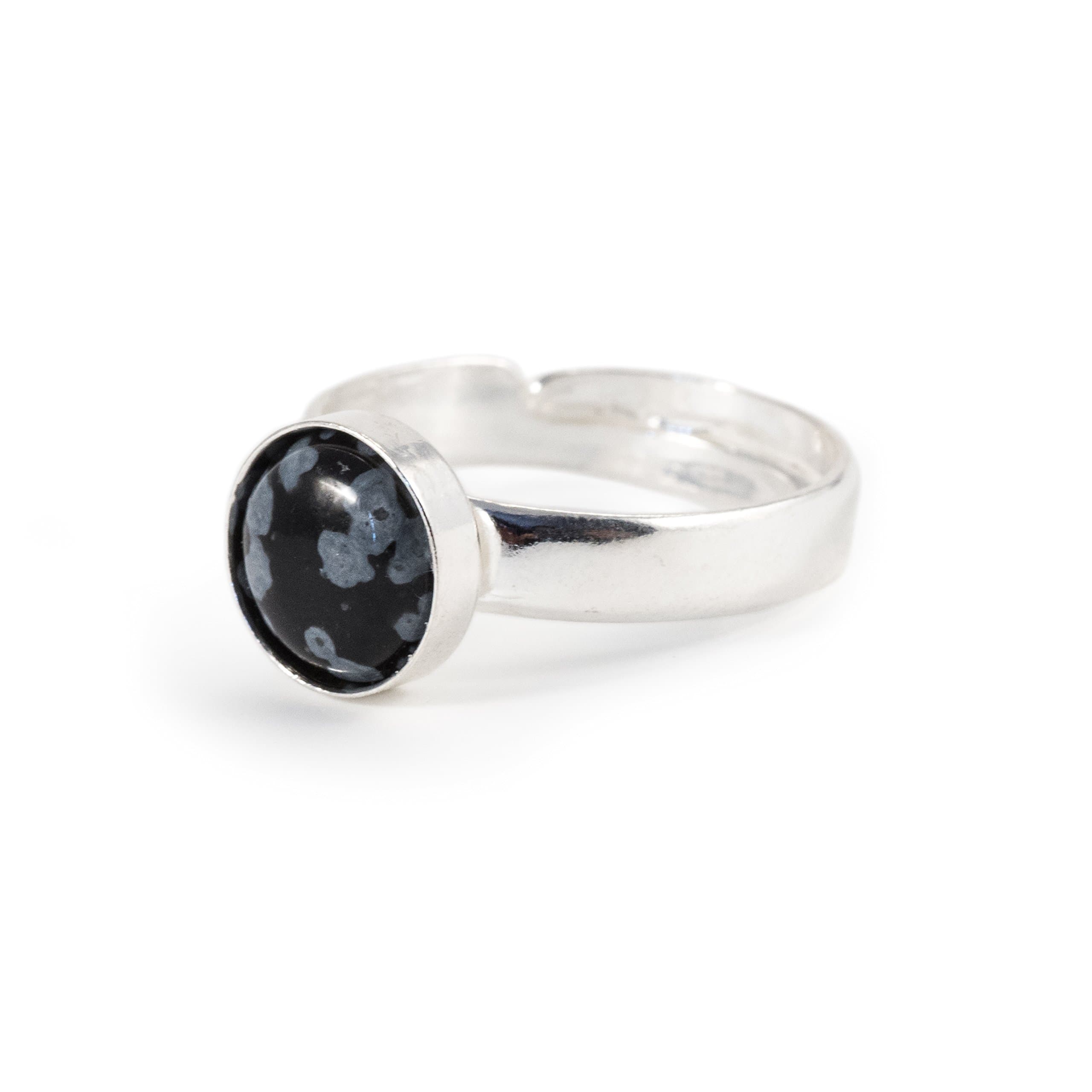 Adjustable Ring with Black Snowflake Obsidian in Sterling Silver, 8 mm Natural Gemstone