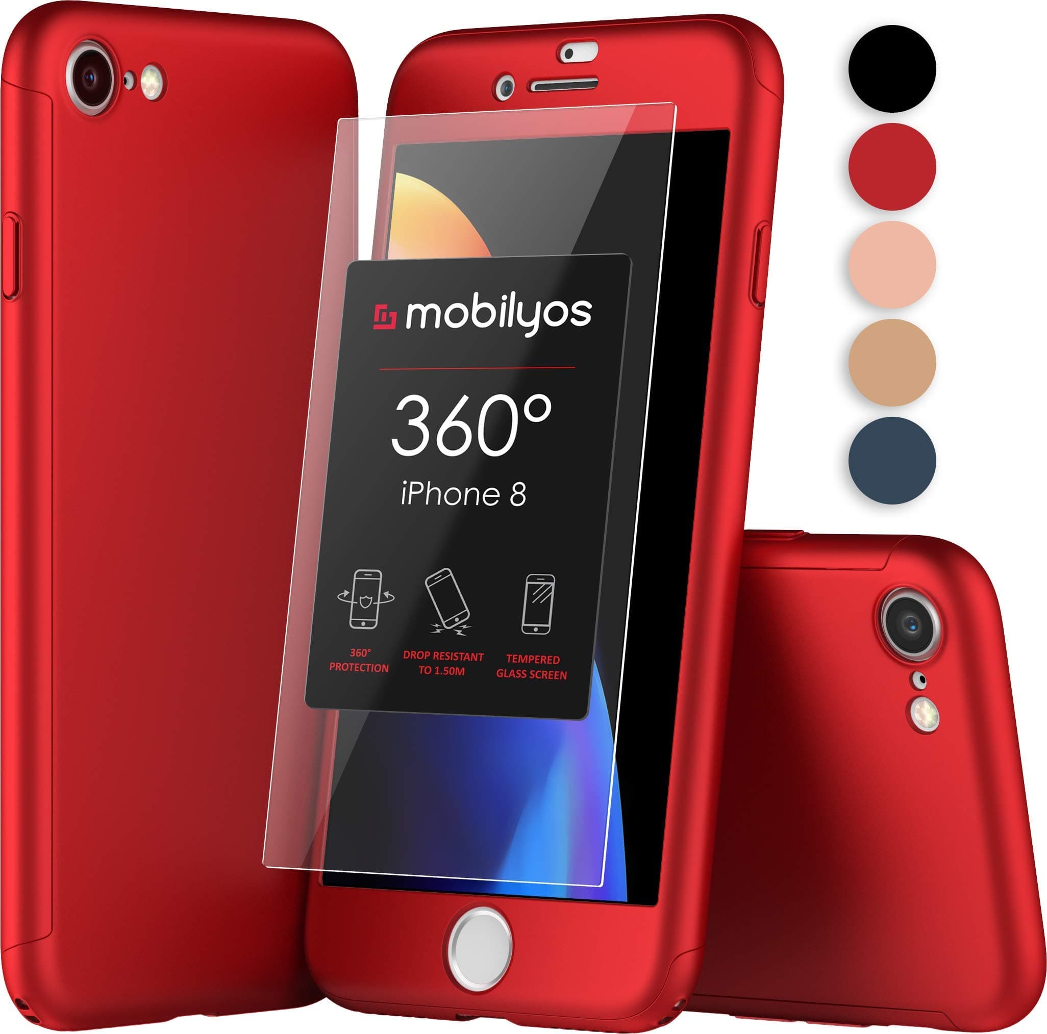360 iPhone 8 Case - Ultra-Thin Full Body Protective Cover for iPhone 8 with Tempered Glass Screen Protector – Hard and Slim Fit Case for Apple iPhone 8 (Red)
