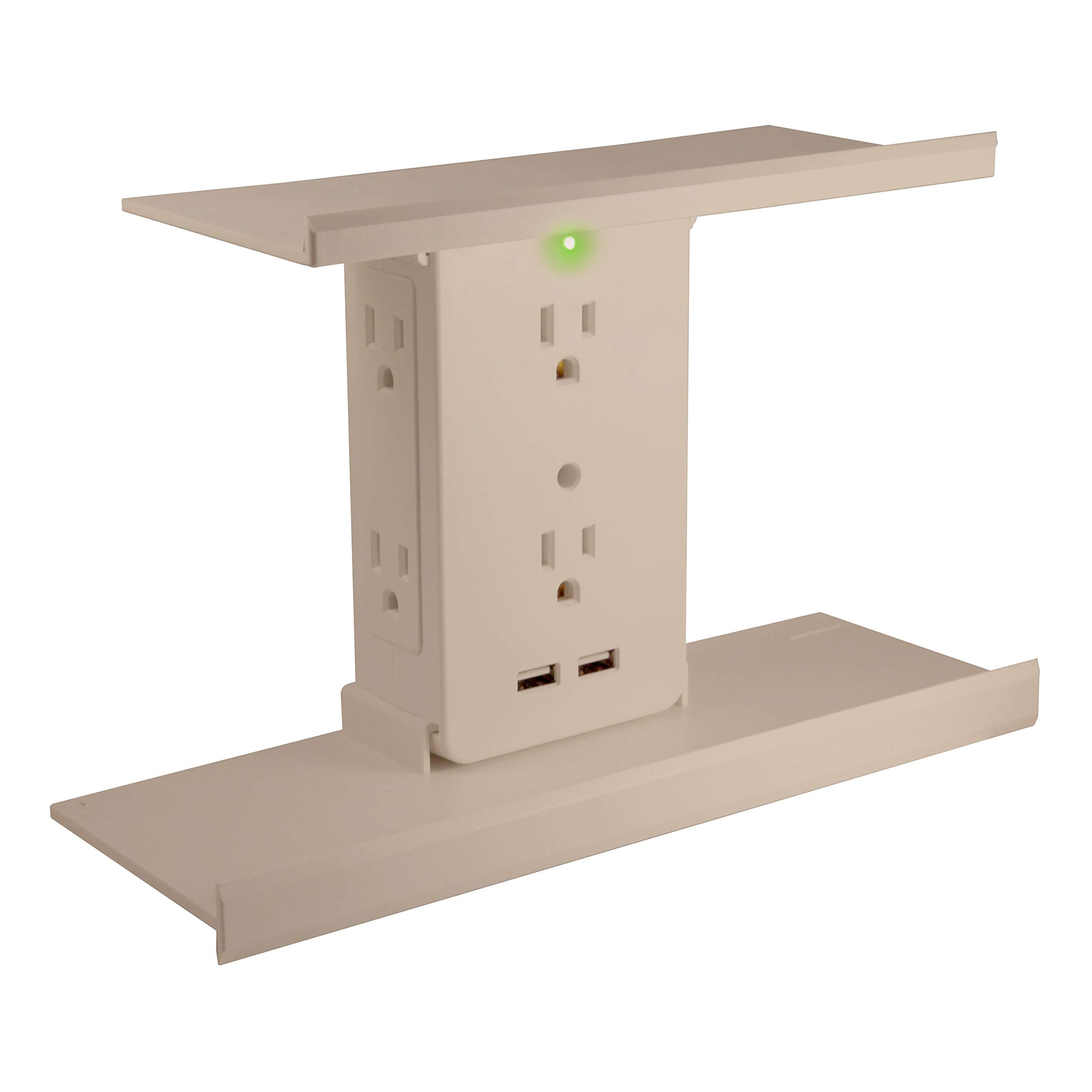 Socket Shelf Deluxe by Sharper Image 8 Port Surge Protector Wall Outlet, 6 Electrical Outlet Extenders, 2 USB Charging Ports, 2 Removable Shelves, UL Listed, Beige